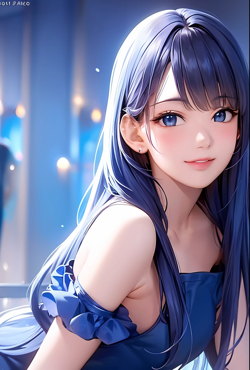 (8k, top quality, masterpiece: 1.2), (realistic, photorealistic: 1.37), super detailed, girl alone, cute, solo, midnight, beautiful detailed sky, detailed café, sitting, dating, (blush), (smile: 1.15), small breasts (mouth closed), beautiful fine eyes, floating hair NovaFrogStyle, back open dress, blue rose accessories, Blue rose background