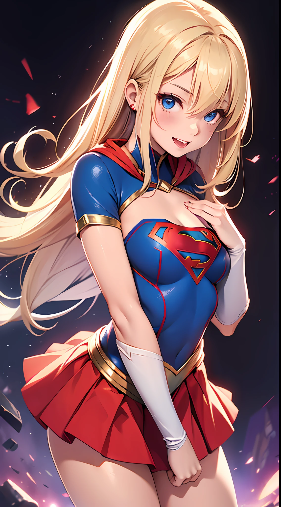one-girl,Supergirl costume dress,(little breast:1.4),blond hairbl,having fun,Be red in the face,short skirt