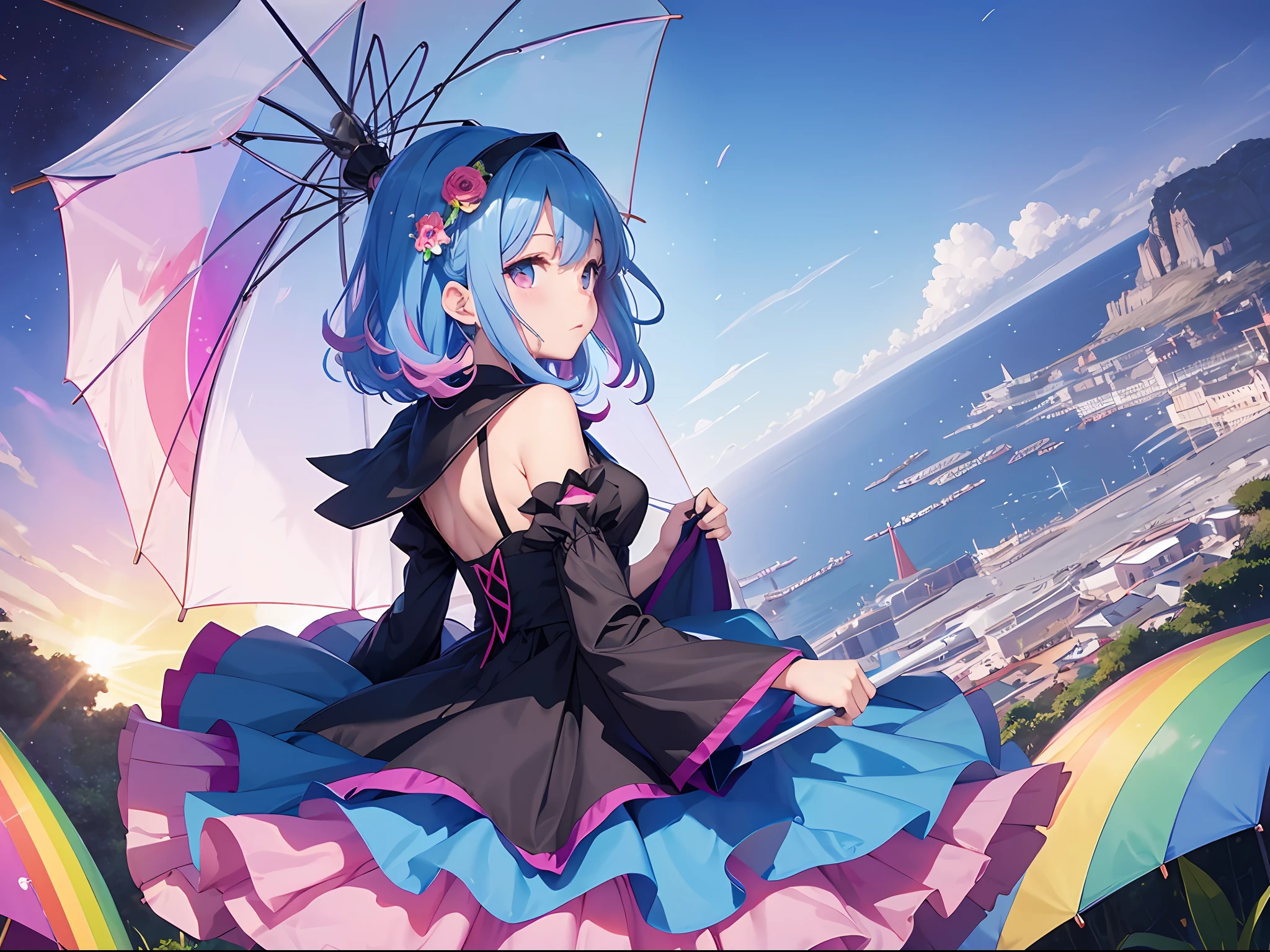 Dark Magician Girl、MKSKS style、(1 person)、(highly detailed back ground:1.0)、(highly detailed back ground:1.0)、masterpiece、top-quality、超A high resolution、8K、The upper part of the body、(Sun umbrella、Colorful parasol:1.3)、Looking up、(1/2 pink and 1/2 Light blue hair、rainbow-colored hair)、(Blue eyes、A detailed eye)、(Rainbow dress、1/2 pink and 1/2 Light blue dress:1.2)、Detailed skin、from side、Summer Night Sky、Summer Great Triangle、wakame、wakame、wakame、wakame、wakame、wakame、wakame、wakame、wakame、wakame、wakame、wakame、wakame、wakame、wakame、wakame、wakame、wakame、wakame、wakame、wakame、wakame、wakame、wakame、wakame --auto