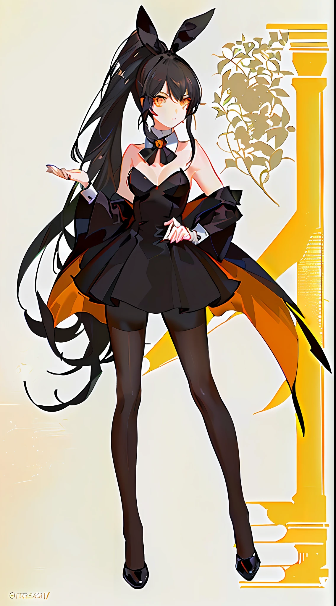 masterpiece,playboy bunny,pantyhose,striped_socks,highlydetailed, ultra-detailed, black hair, (ponytail : 1.2), long hair, (orange accessory : 0.7), amber eyes, (beautiful girl), bangs, princess hairstyle