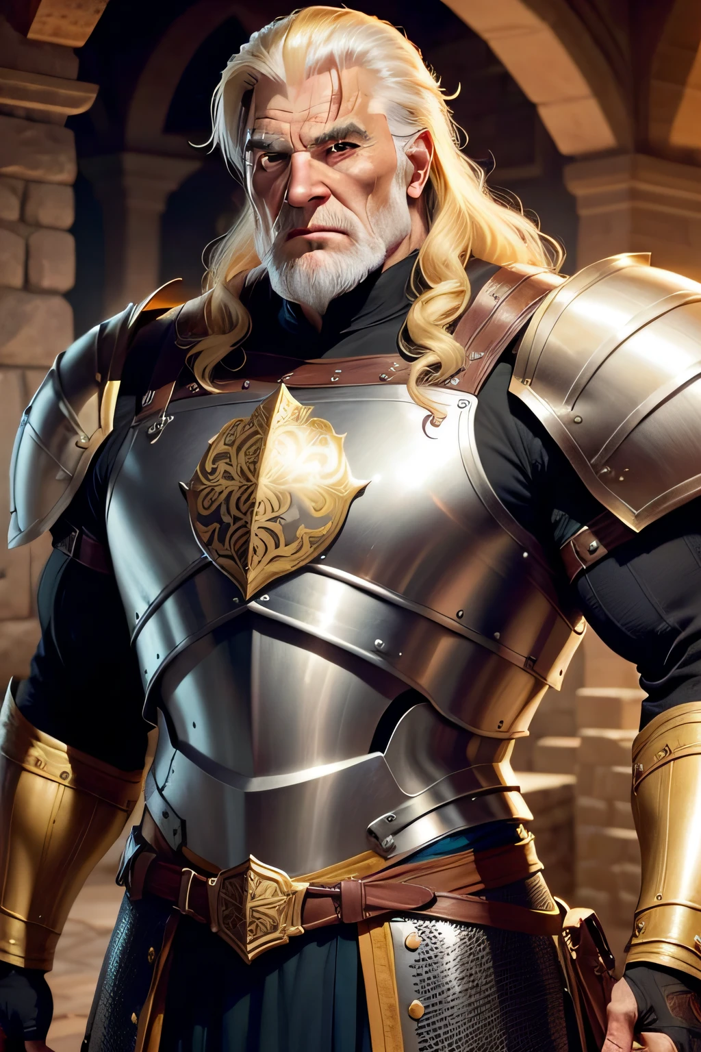 "An incredibly muscular old man in his 80s wearing medieval full plate armor with golden hair."