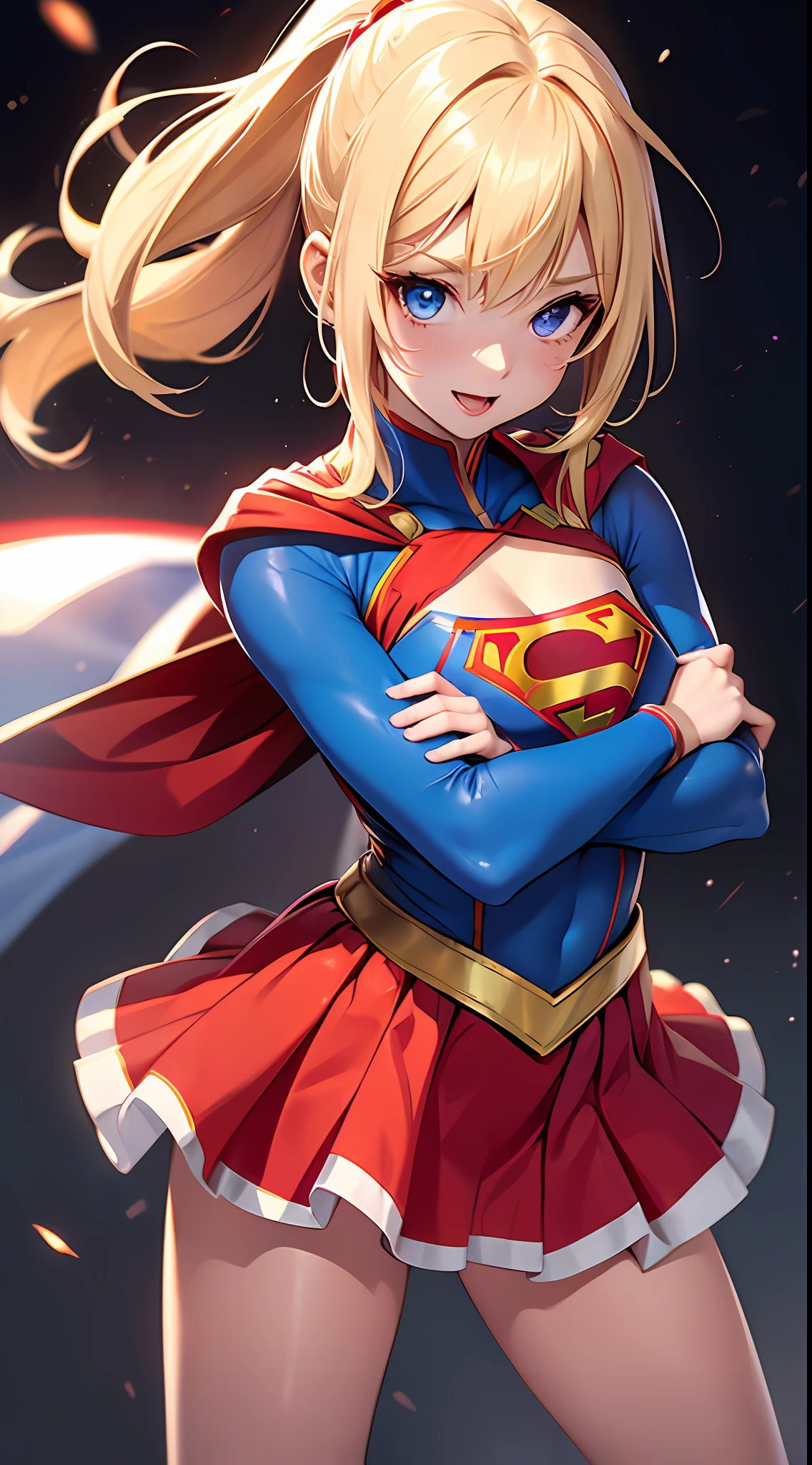one-girl，Supergirl costume dress，(little breast:1.4)，blond hairbl，having fun，Be red in the face，short  skirt