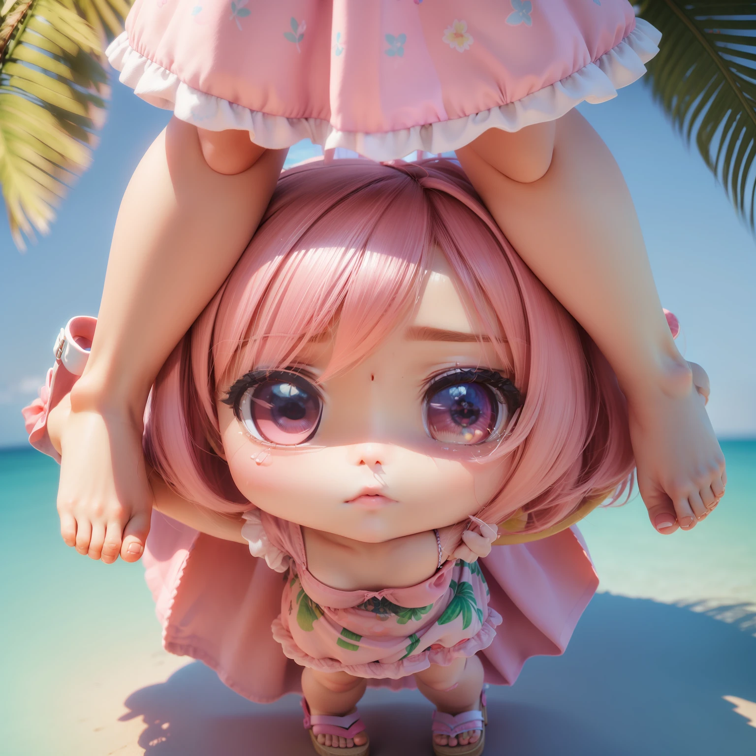 (((chibi 3d)))Cute and beautiful chibi anime/Bob hairstyle mixed with pink and blue,Sundress with strawberry print print,Knitted sandals,Summer Beach,Palm trees.Crying hard,Tears flow,While holding your hands close to your face「Hello」and shout。