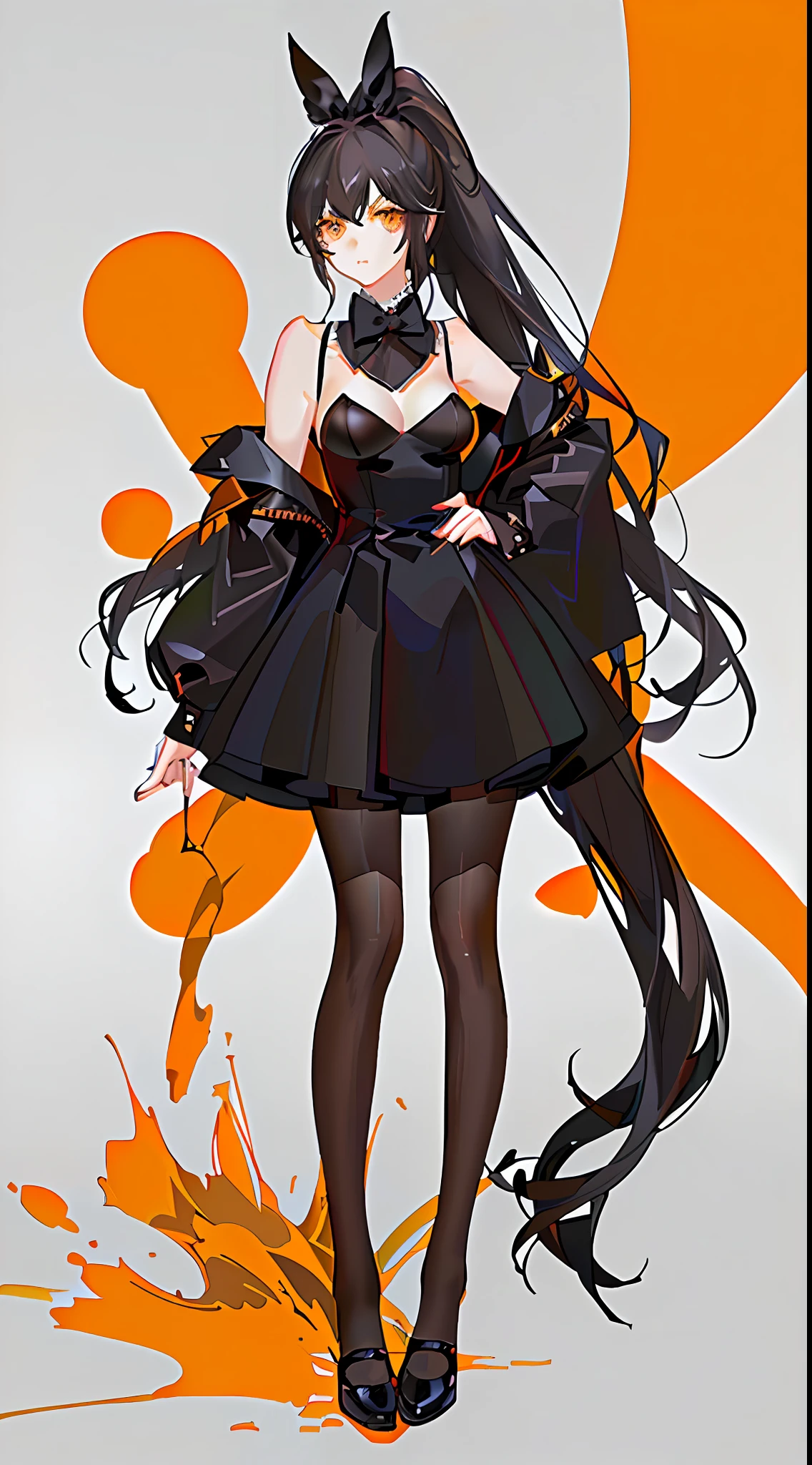 masterpiece,playboy bunny,pantyhose,striped_socks,highlydetailed, ultra-detailed, black hair, (ponytail : 1.2), long hair, (orange accessory : 0.7), amber eyes, (beautiful girl), bangs, princess hairstyle