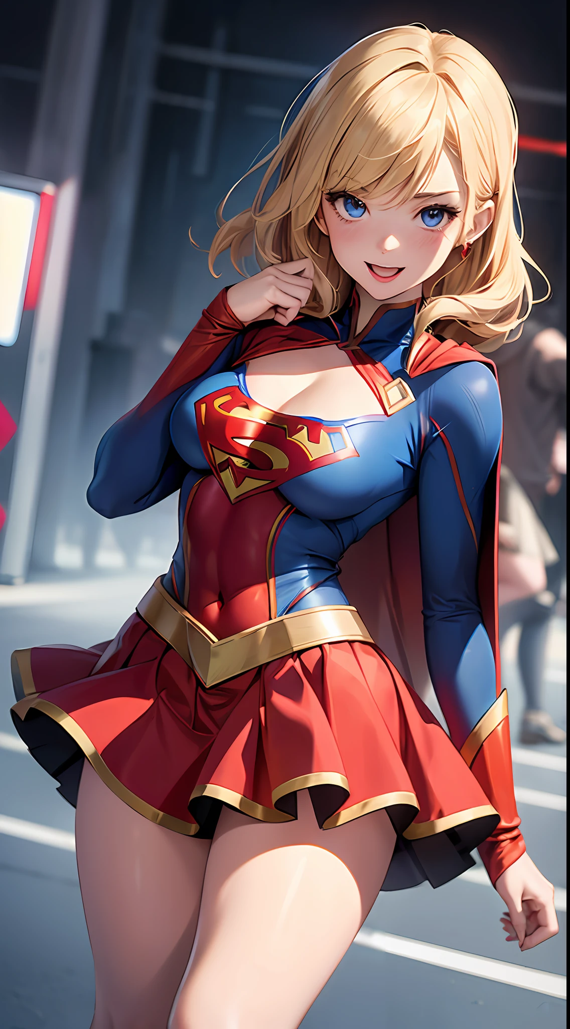 one-girl，Supergirl costume dress，(little breast:1.4)，blond hairbl，having fun，Be red in the face，short  skirt