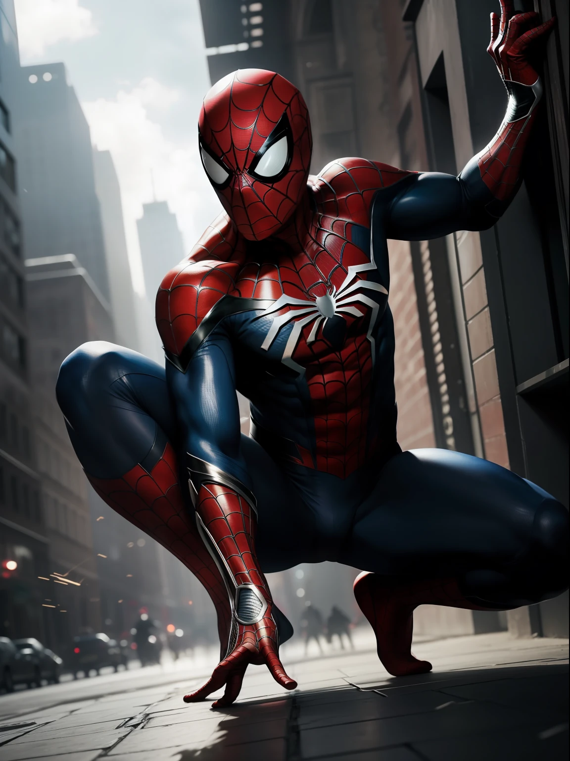 (8k, RAW photo, best quality, masterpiece: 1.2), ultra-detailed, formal art, photorealism: 1.37, upper body shot, DC Spiderman, film grain, action pose