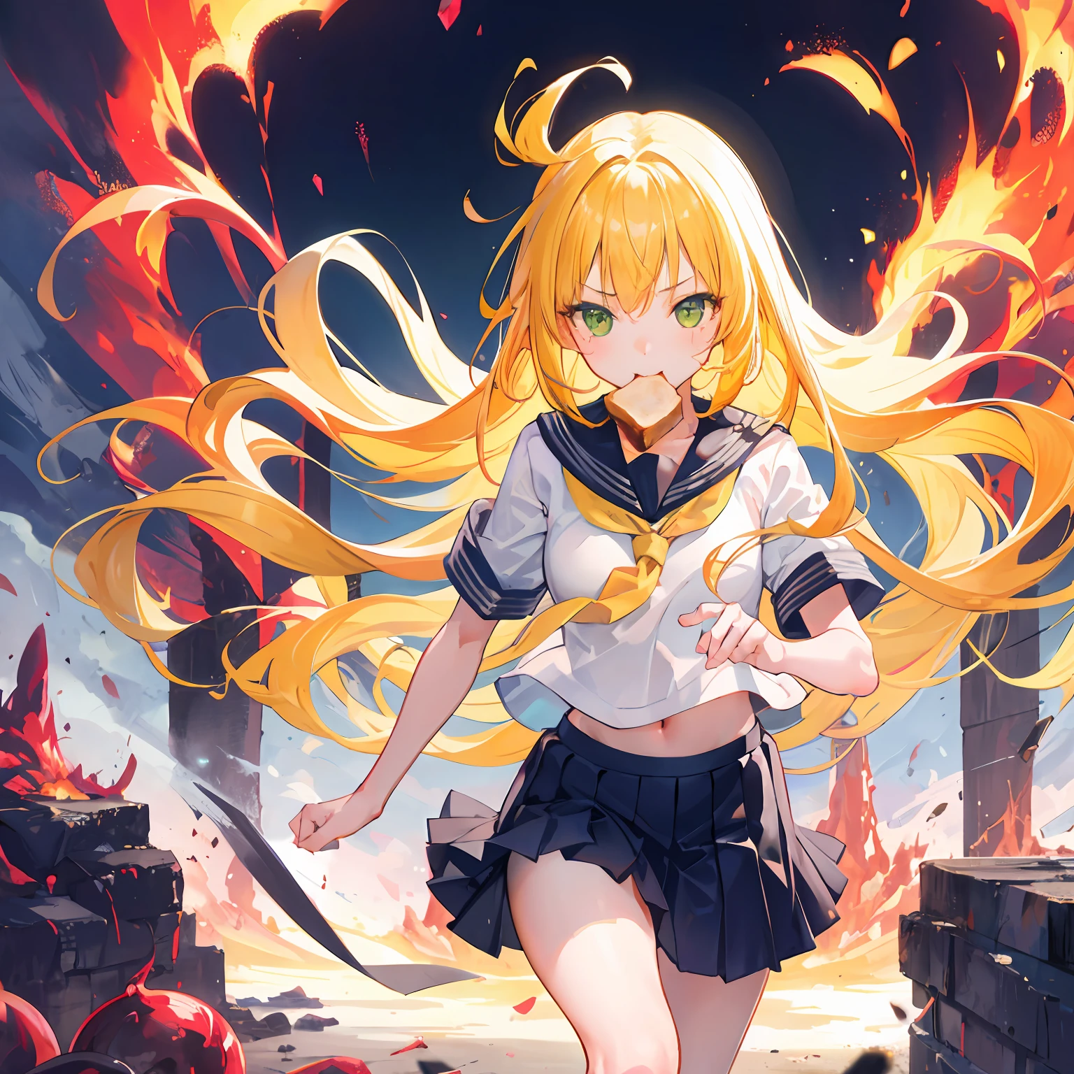 1girl,run,Yellow hair,long hair,hessy hair,green eyes,serafuku,toast in mouth,volcano