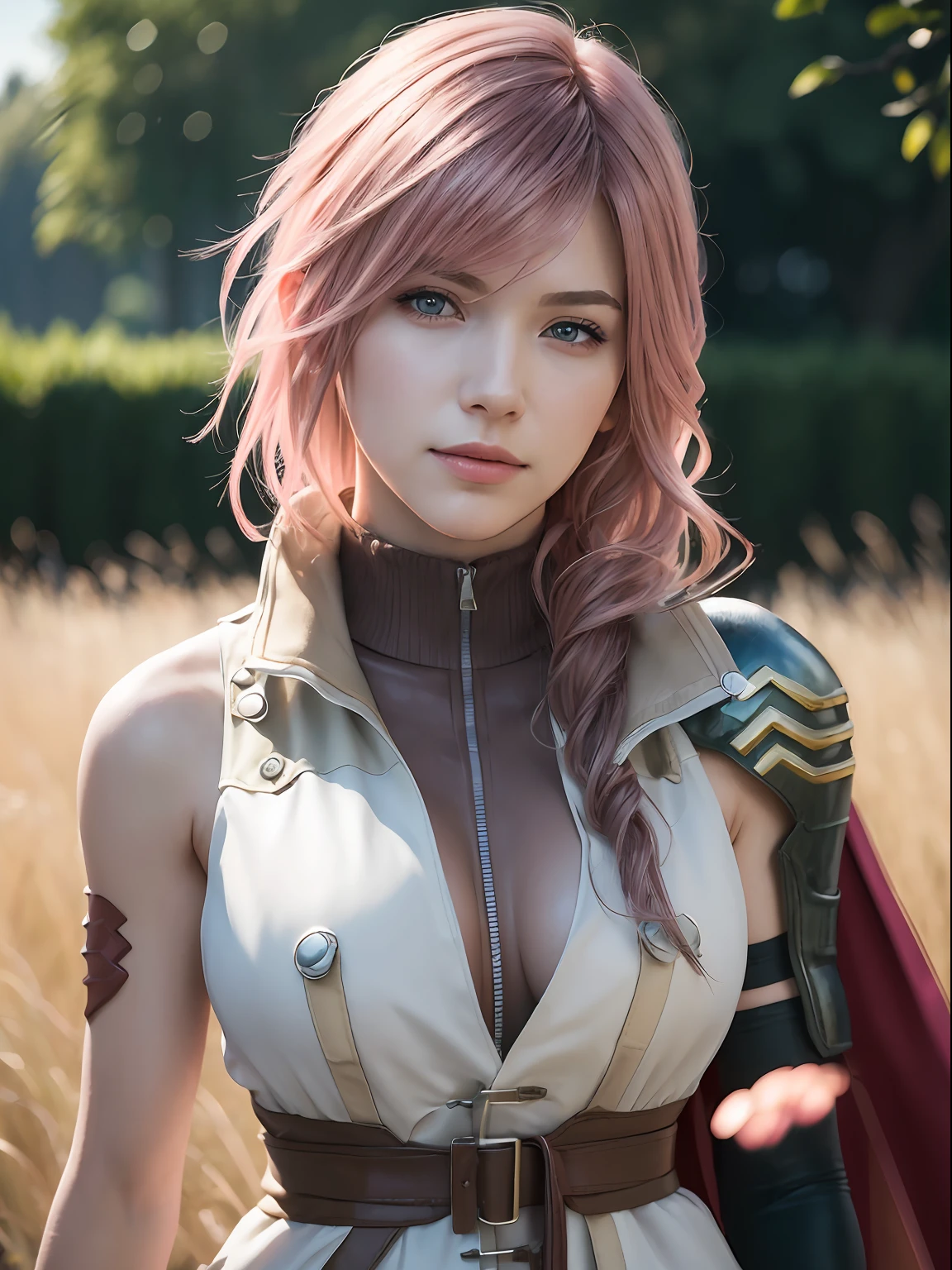 (masterpiece, best quality:1.4), (standing:1.5), (1girl, solo:1.5), (european youth:1), lightning farron, sleeveless, shoulder armor, cape, skirt, fingerless gloves, looking at viewer, (soft pink hair:0.5), sexy smile, beautiful face, highly detailed face, highly detailed skin, skin pores, in a field, subsurface scattering, realistic pupils, medium breast, full face blush, full lips, detailed background, depth of field, volumetric lighting, sharp focus, absurdres, realistic proportions, good anatomy, (realistic, hyperrealistic:1.4), 16k hdr,