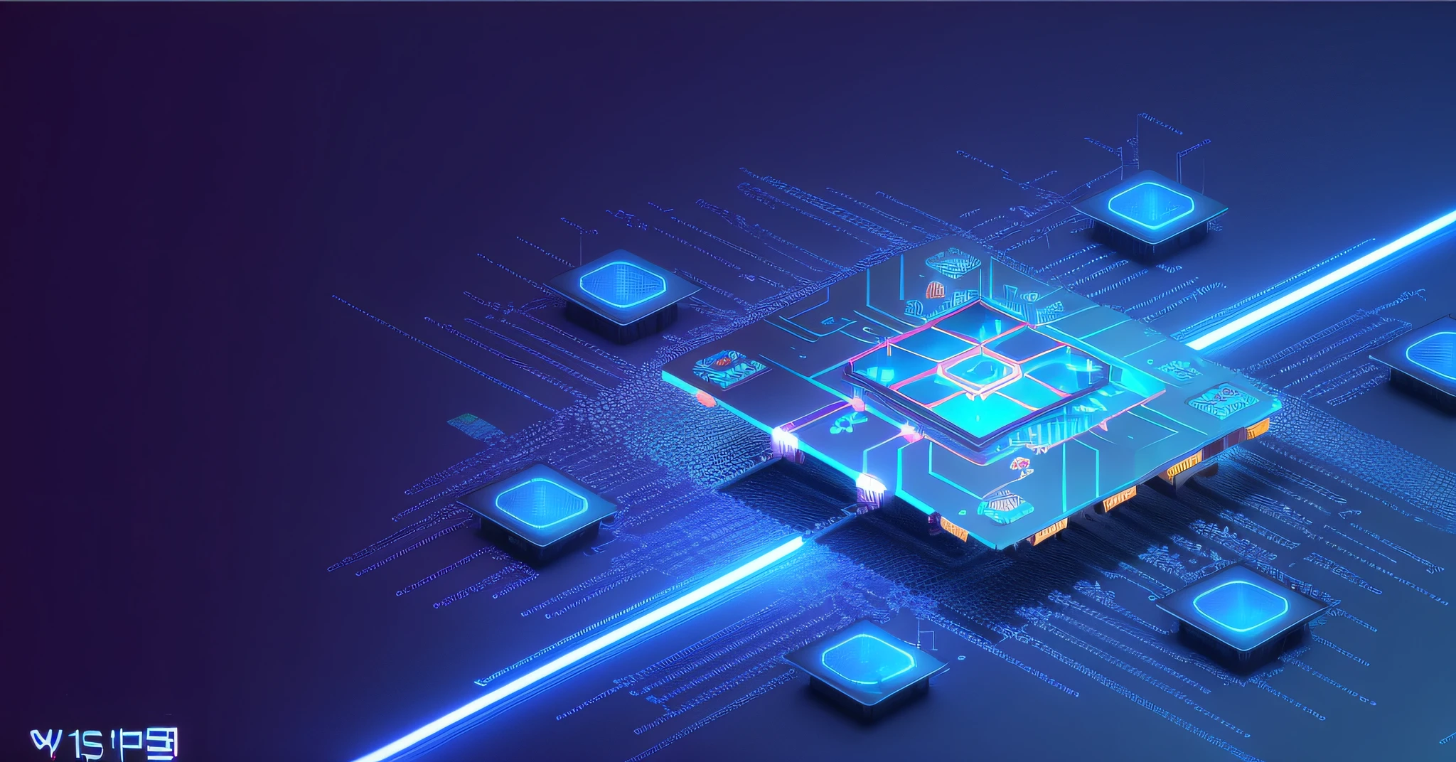 Close-up of a computer chip surrounded by other electronic components, isometric futuristic game, quantum technology, quantum computing, quantum processor, neon virtual networks, Cyber architecture, isometric 8k, Quantum Computers, 3 d isometric, 3d isometric, intricate neon circuit pattern, Cyber background, abstract tech, isometric aerial view, isometric game