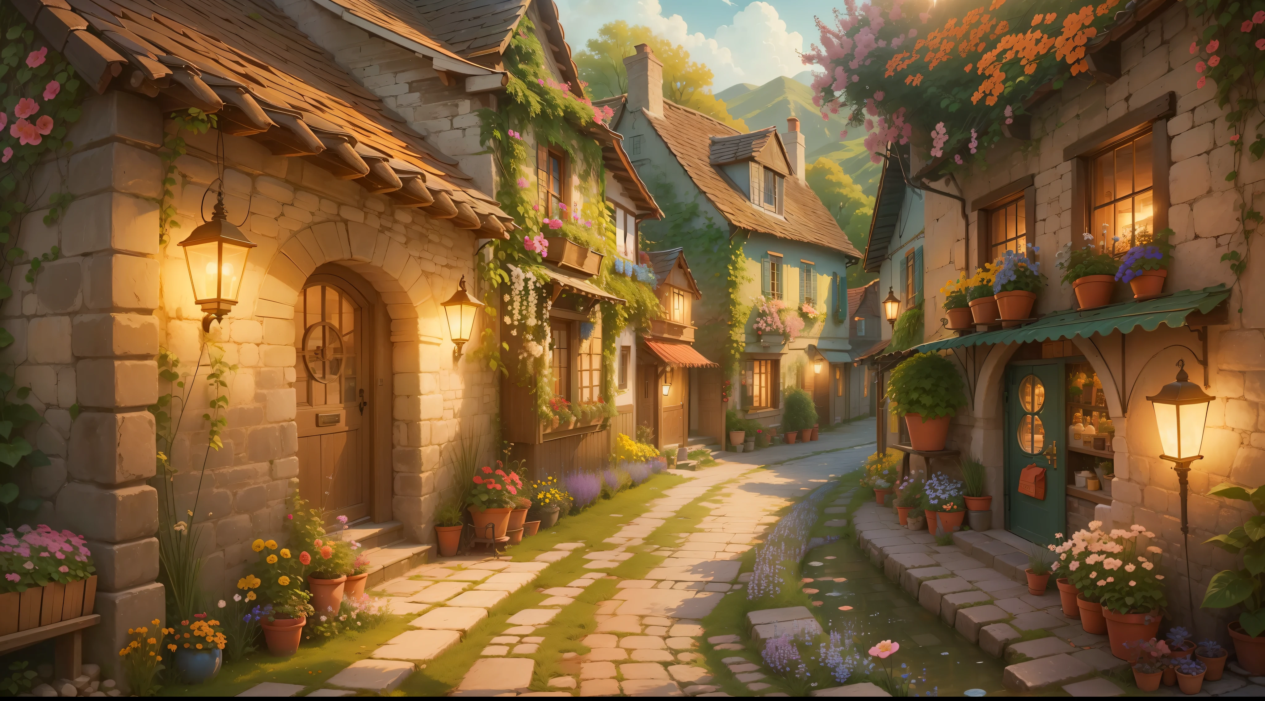 "A serene and picturesque village, where stories unfold. A peaceful and enchanting atmosphere, with vintage charm. Quaint cottages, cobblestone streets, and blooming flowers. (Include elements like: villagers, daily activities, traditional customs, festivals). Immersive colors and soft lighting bring warmth and nostalgia. Capture the essence of community and the joy of simple pleasures. Transport us to a world of tranquility and delightful tales."