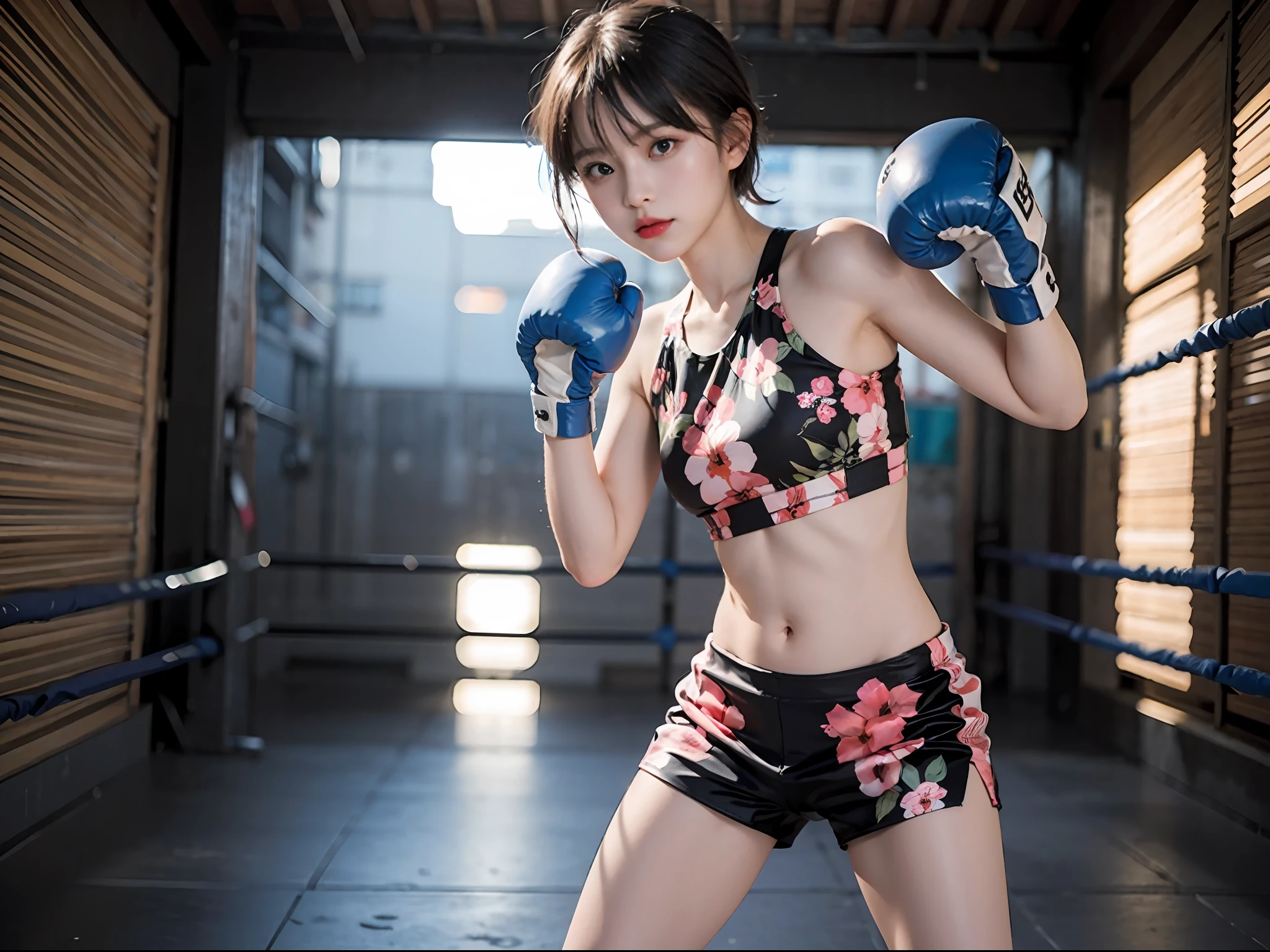 Best Quality, Very elaborate CG Unity 8K wallpapers, boxer, (Photorealsitic:2), 超A high resolution, Highly detailed, A hyper-realistic, 1girl in, (Boxing gloves), Floral pattern,  colourfull_head_hair、(((very_short_head_hair))), Short hair, Full Shot, Looking at Viewer, ((Boxing rings)),  Bright atmosphere, spot light, Detailed background
