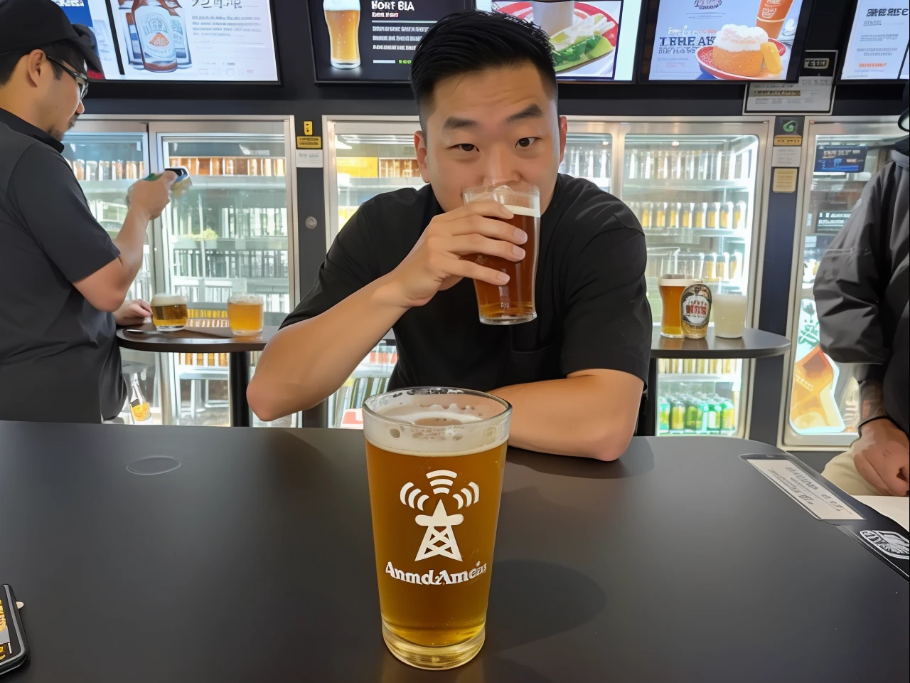 There is a man sitting at a table drinking beer, beer in hand!!, drinking beer, beer in hand, Drinking beer at the train station, beer in hand, Have a pint of ale, Drinking beer, Have a big glass of beer, Beer in hand, with a drink, taken with sony alpha 9, andrew thomas huang, Man Drinking Beer, beer、Wear glasses、white clothes