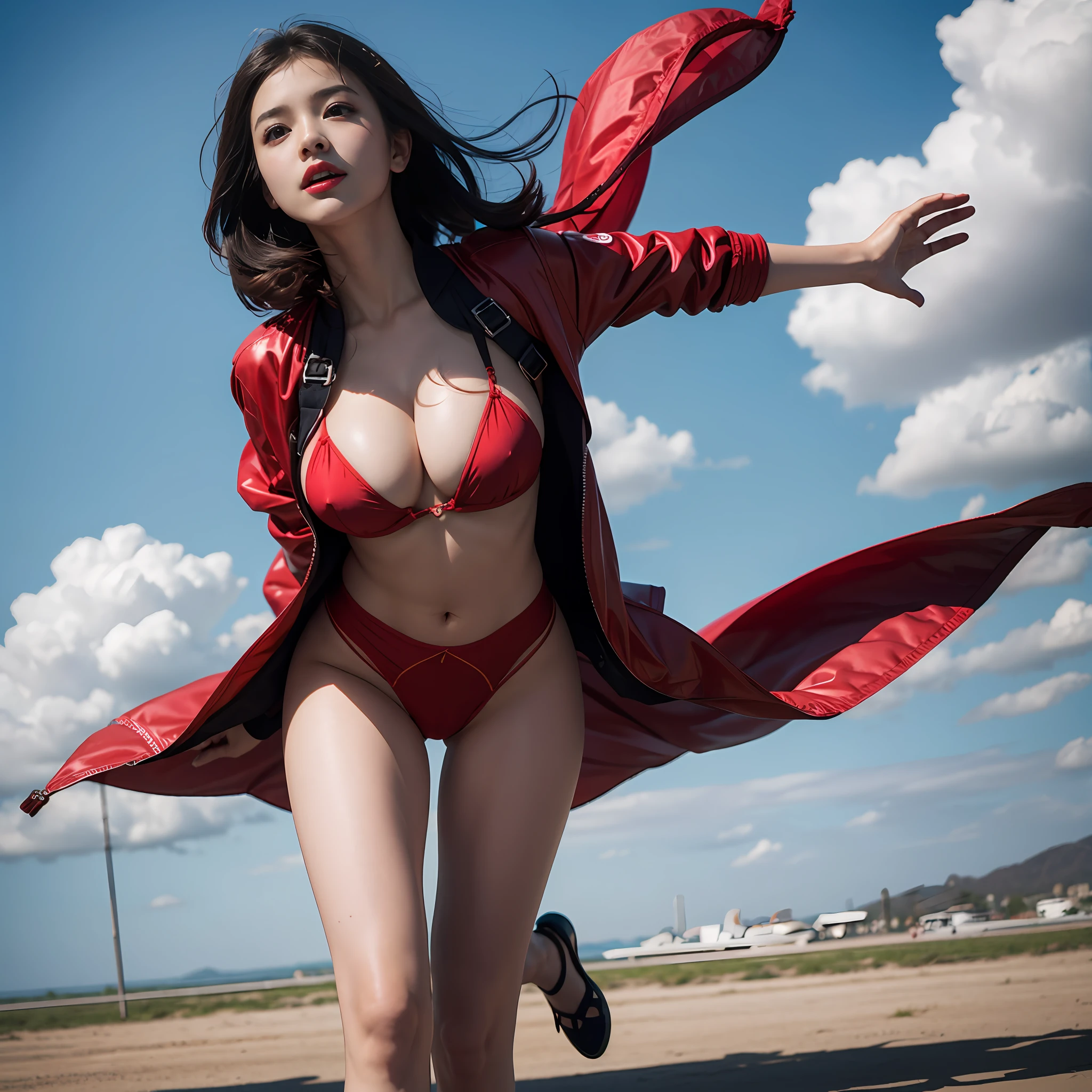 8K full body portrait of young girl、ultra wide lens、skydiving、Falling、Flying、In the sky、Skywalk、Strong wind is blowing、Strangeware、Translucent jacket、There is a red heart-shaped body paint、G-String Panties、Thin cloth、semi transparent、Nipple Top、Camel toe、