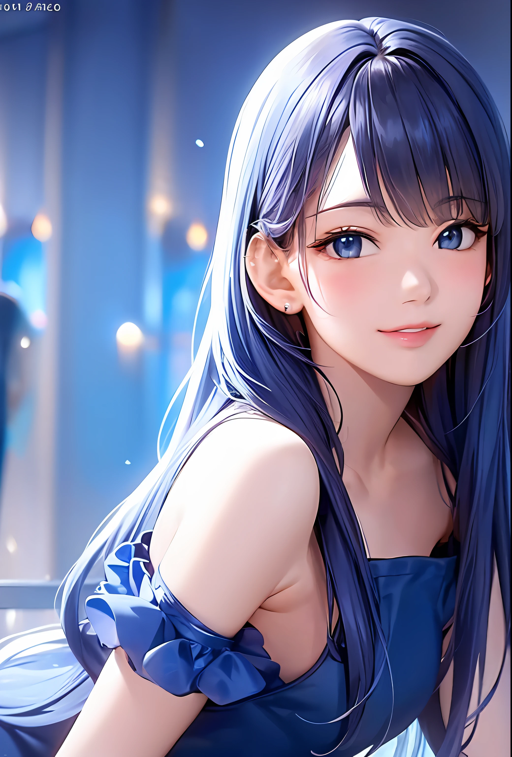 (8k, top quality, masterpiece: 1.2), (realistic, photorealistic: 1.37), super detailed, girl alone, cute, solo, midnight, beautiful detailed sky, detailed café, sitting, dating, (blush), (smile: 1.15), small breasts (mouth closed), beautiful fine eyes, floating hair NovaFrogStyle, back open dress, blue rose accessories, Blue rose background