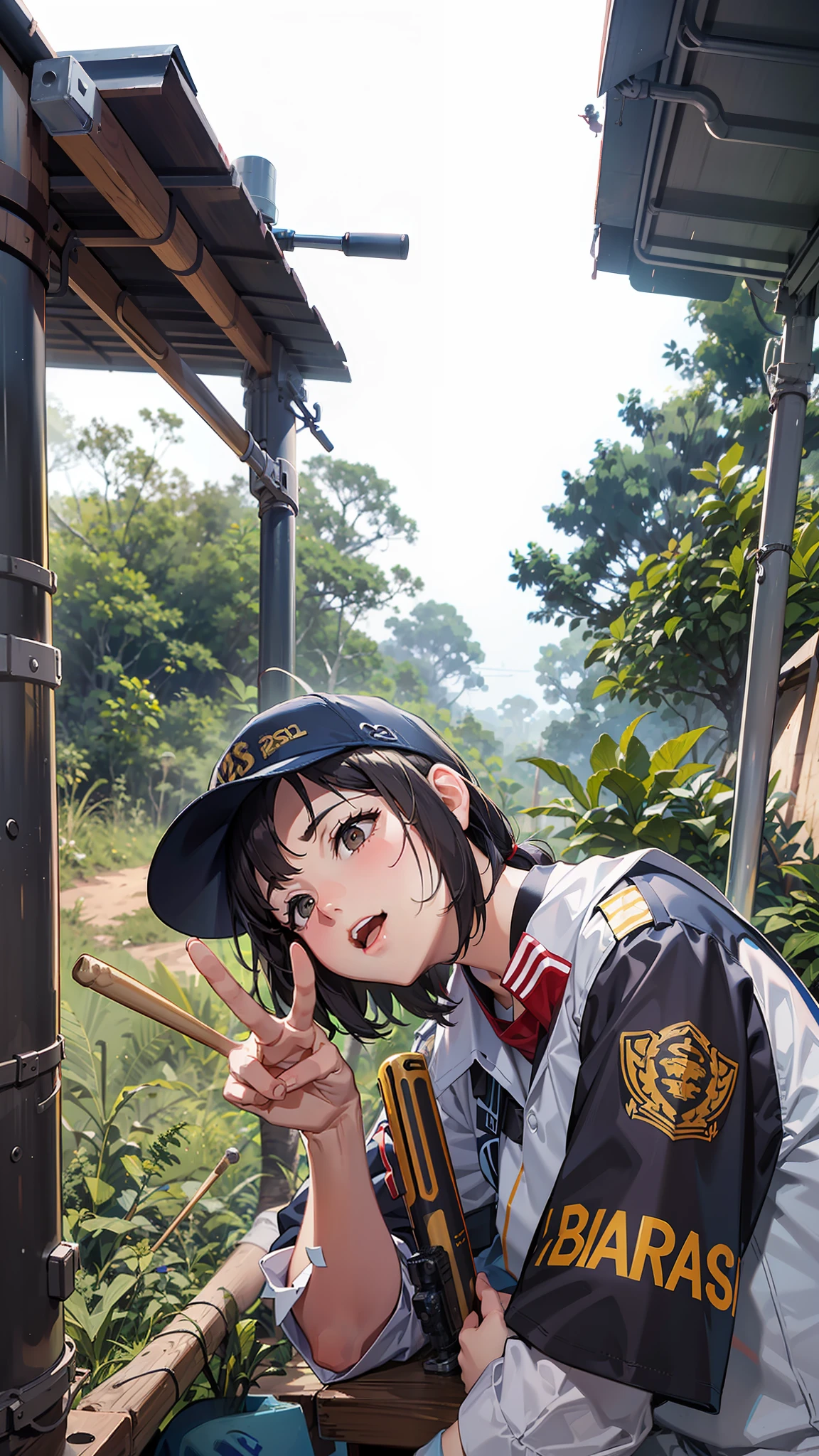 woman in uniform sitting on a bench with a baseball bat, scout boy, with funny feeling, shooting pose, taken with the best dlsr camera, 😃😀😄☺🙃😉😗, in jungle forest !!!, during dawn, during sunset, not blurry, taken with sony alpha 9, cute:2, sleepy expression, photoshot