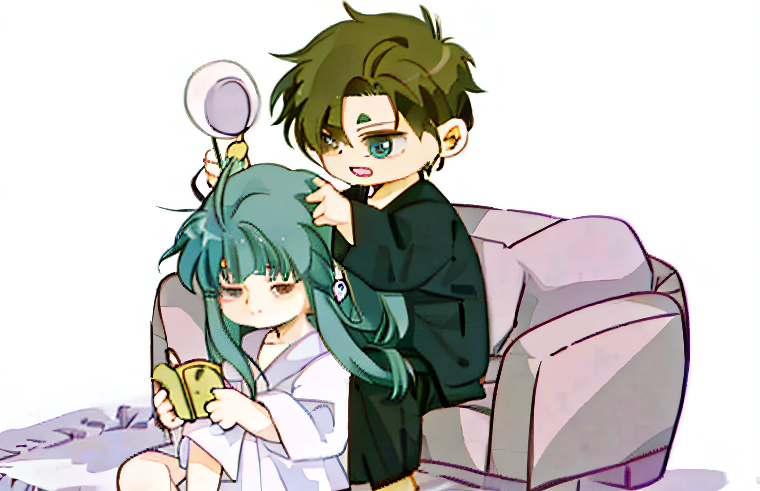 Anime boys and girls sitting on sofa with combs, clasps his bangs in one hand, , Cute anime style, Anime girl with teal hair, She has messy hair, koyoharu gotouge, chibi anime, Cute anime, in the art style of 8 0 s anime, they are siblings, clamp style, very anime style