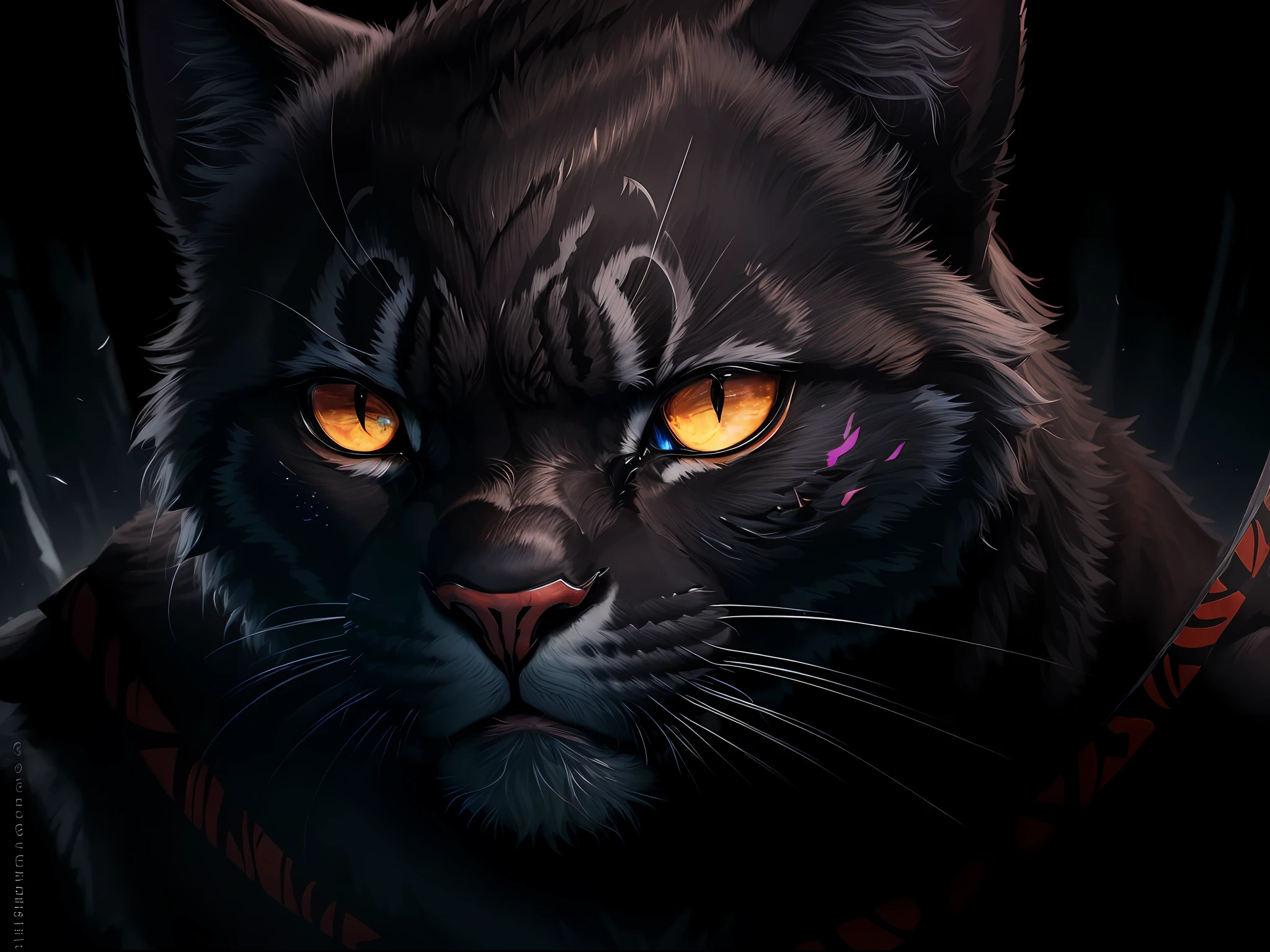 Fluffy  black panther like a face painted from darth maul, dibujos animados, Ultra detallado, oil on canvas, trazo fino, Daylight, cinematic lighting, dibujos animados , , polietileno bajo, isometric art, Arte 3D, High detail, Artstation, Arte conceptual, Behance, Trazado de rayos, Suave, foco nítido, Ethereal lighting