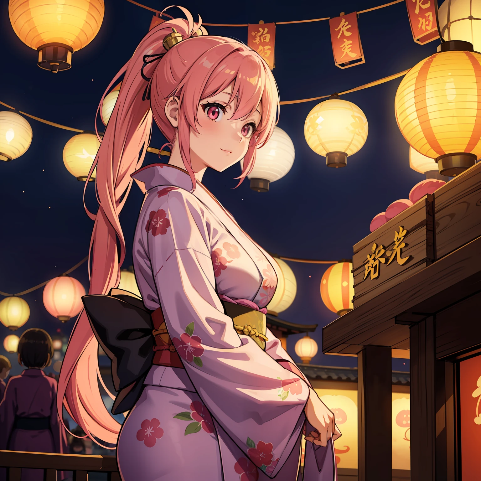 Beautiful girl, cinematic lighting, (summer night), shiny pink hair, pony tail, pig tail hair, wonderful yukata, kimono, yukata, detailed background, summer festival background night, lantern lighting, posing, ambient atmosphere, warm lantern lighting, bigger curves,