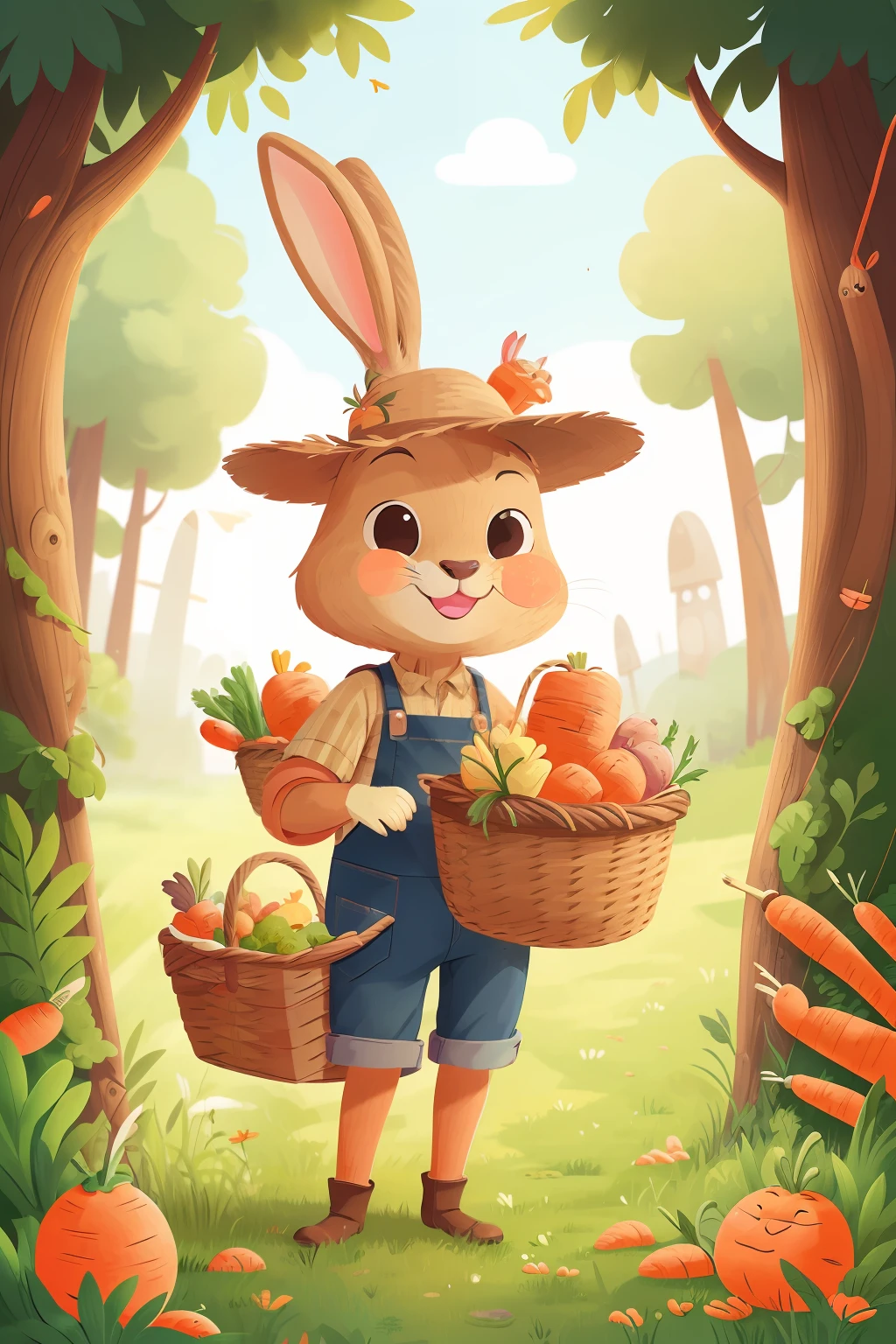 Rabbit as a farmer, carrying a basket full of carrot