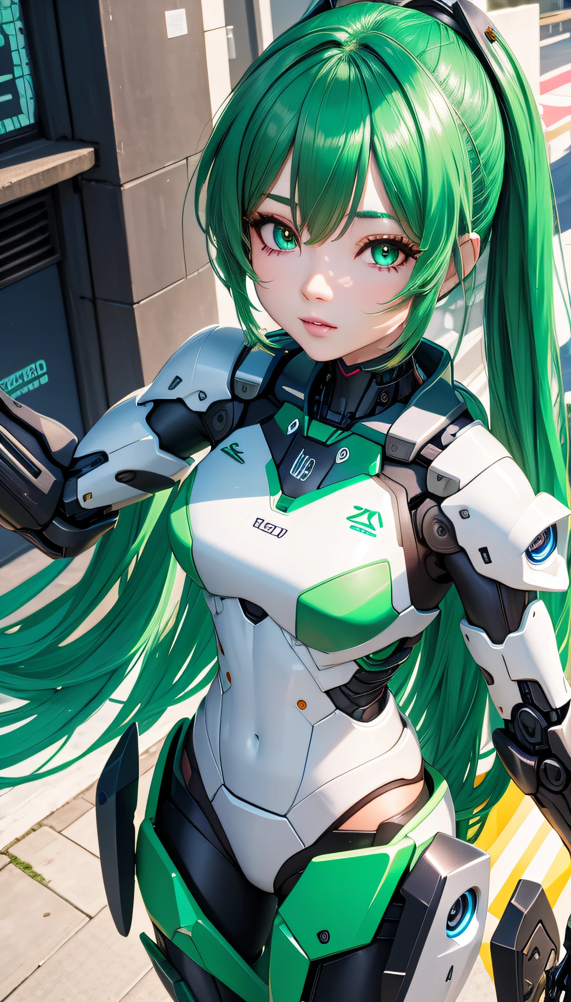 ((master part)), melhor qualidade, (8k, melhor qualidade, obra-prima: 1.2), ultra-detalhado, illustration, belos olhos detalhados, belo cabelo detalhado, ((corpo inteiro)), 1girl, solo, mecha, mecha_musume, ciborgue, cool_movement, cabelo verde, cidade, cyberpunk,