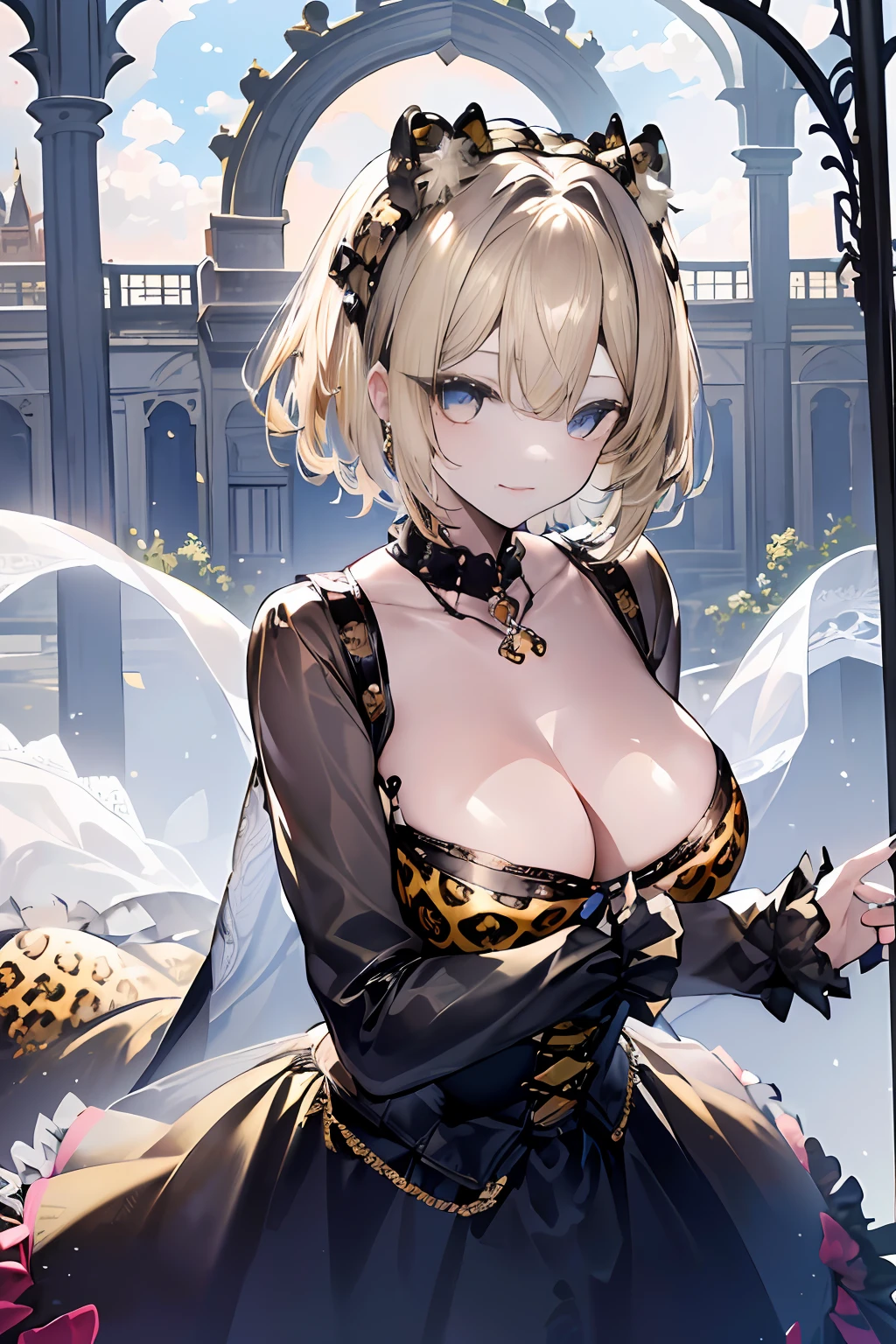 Masterpiece of, top-quality,1girl in, short-haired、a blond、Her eyes are golden, Leopard ears、tusk,(((;3))), (((Gothic lolita)))、 (((Gothic lolita)))、flower, Hair Ornament, Large breasts, Long sleeves, Looking at Viewer, Outdoors, Skirt, Smile, Solo,  white footwear,(((rokoko))),(((rokoko))),(((rokoko)))