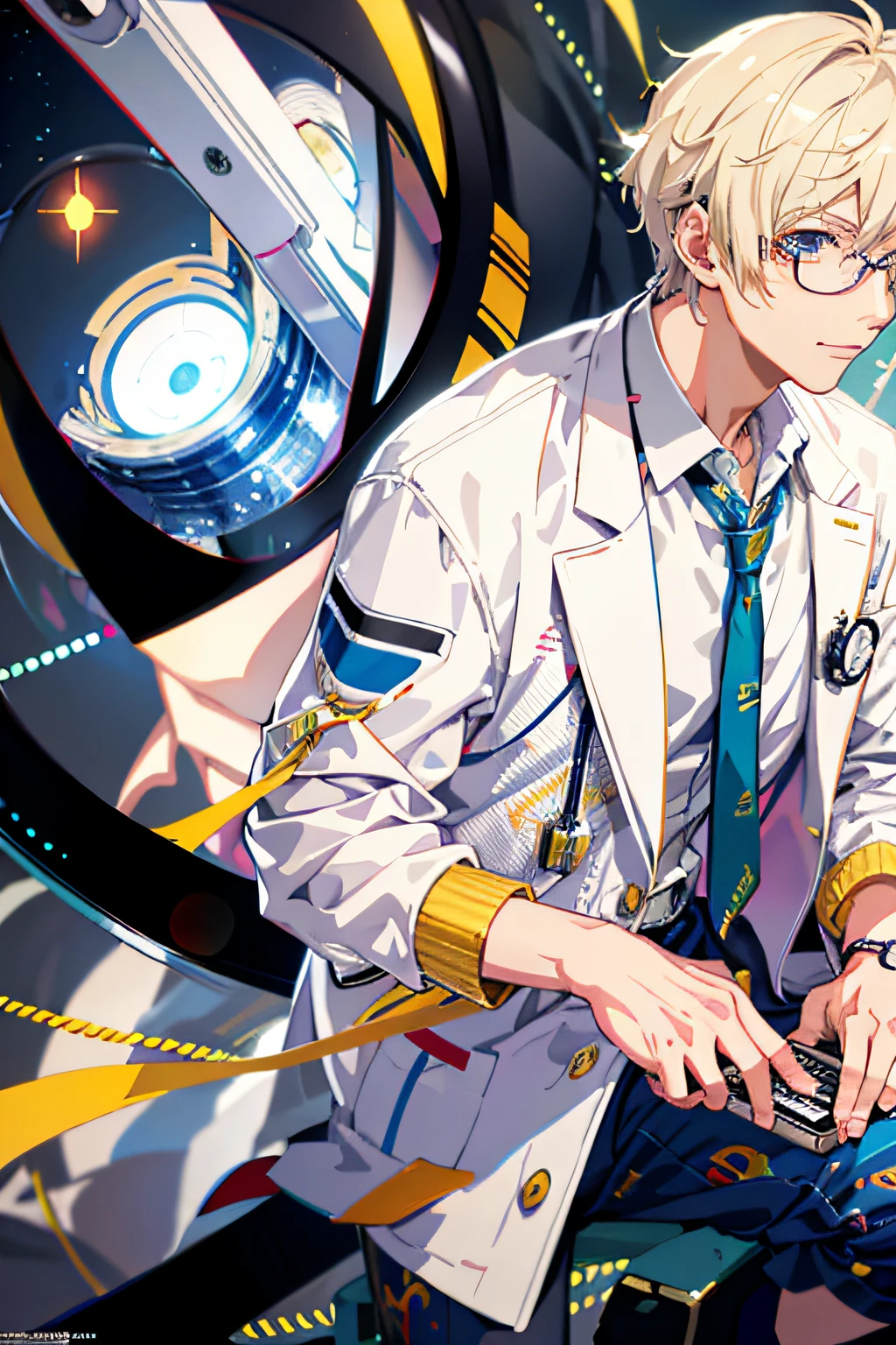 Anime characters sitting on chairs，A laptop is placed on his lap, Best anime 4k konachan wallpaper, Detailed key anime art, shigenori soejima illustration, Key anime art, With a lab coat, wearing lab coat and glasses, Detailed digital anime art, skinny male fantasy scientist, Digital anime illustration, Official artwork, clean and meticulous anime art, key visual, doctor，Normal hands