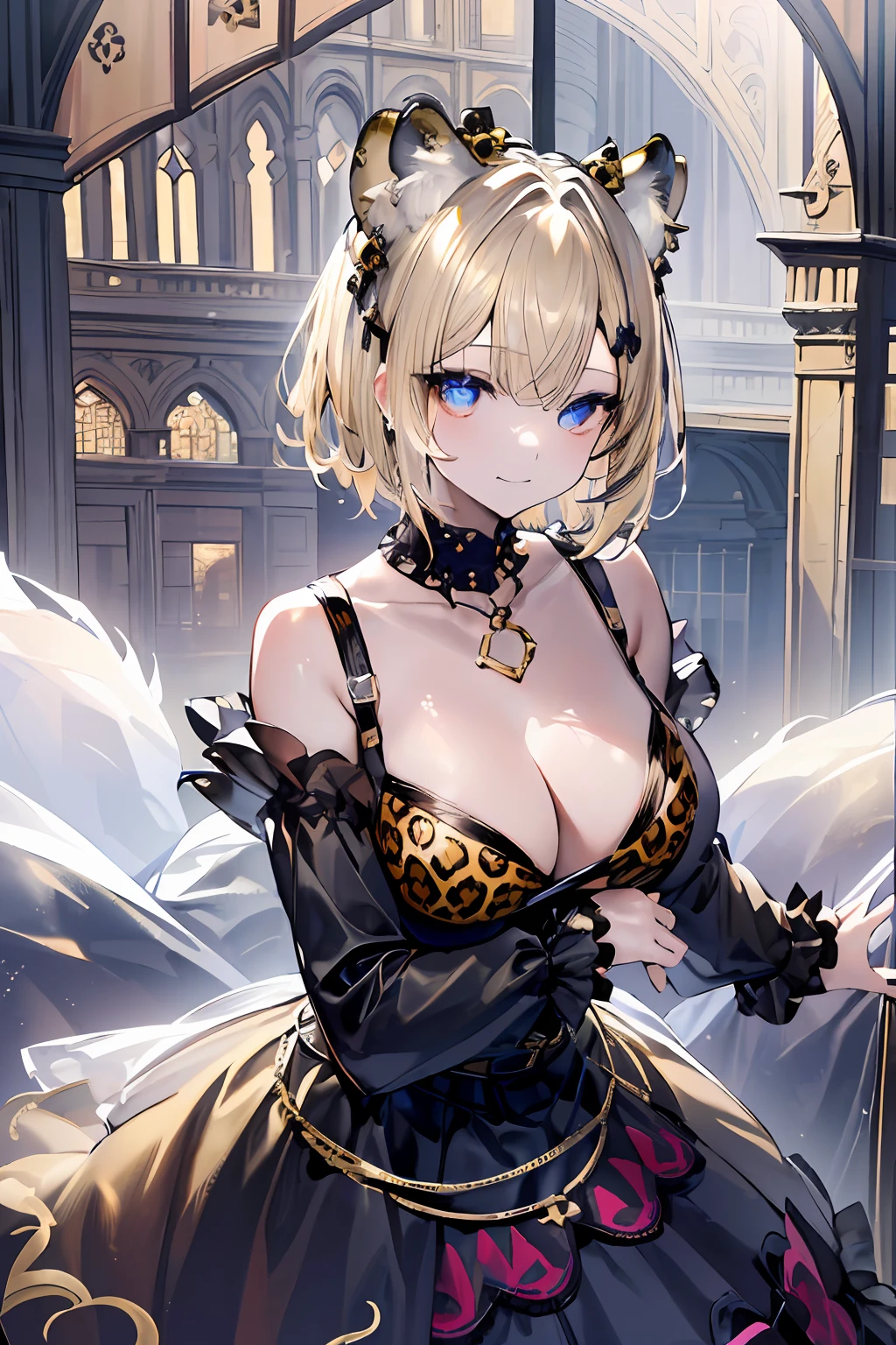 Masterpiece of, top-quality,1girl in, short-haired、a blond、Her eyes are golden, Leopard ears、tusk,(((;3))), (((Gothic lolita)))、 (((Gothic lolita)))、flower, Hair Ornament, Large breasts, Long sleeves, Looking at Viewer, Outdoors, Skirt, Smile, Solo,  white footwear,(((rokoko))),(((rokoko))),(((rokoko)))