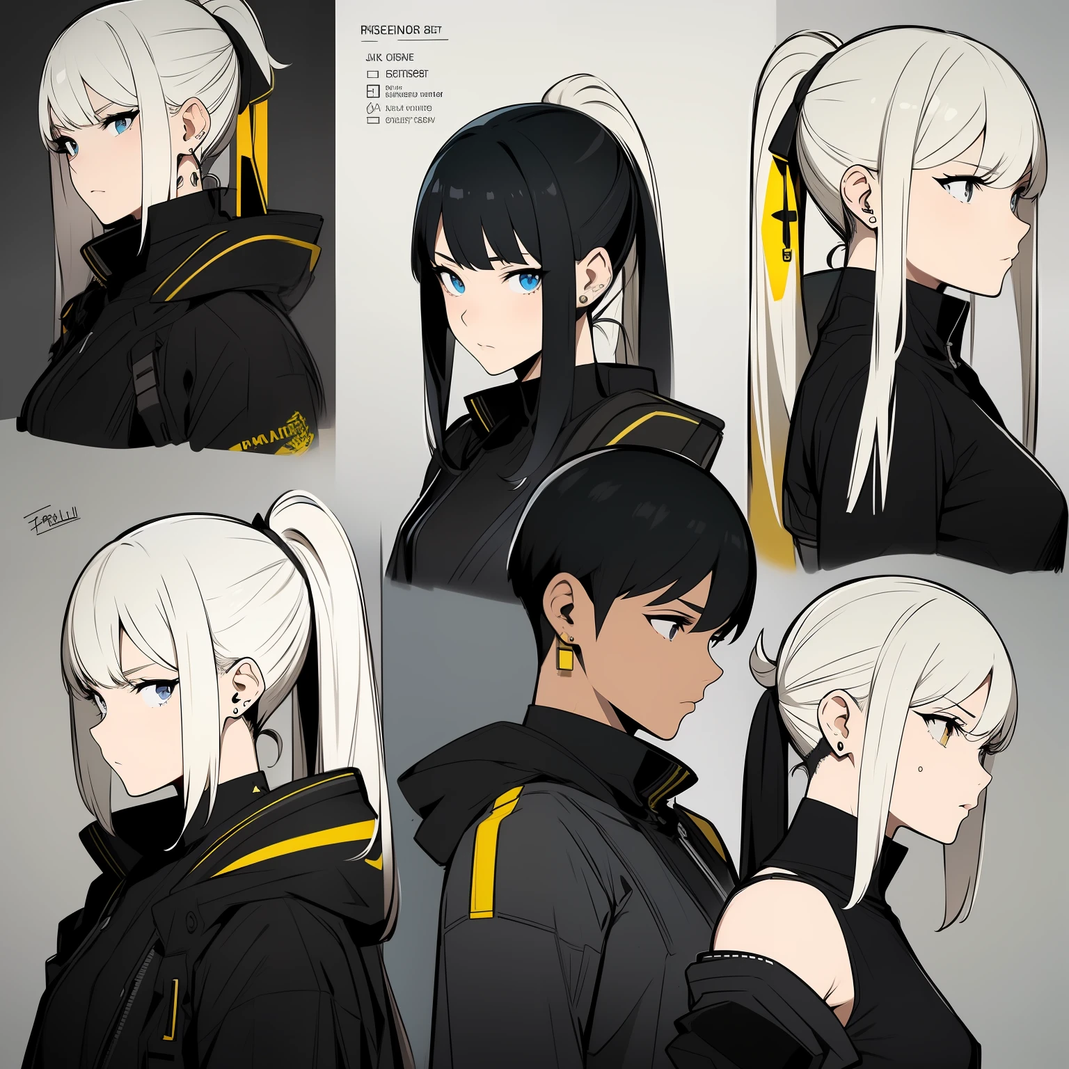 Yellow theme，Masterpiece,Best quality,offcial art,Extremely detailed Cg Unity 8K wallpaper,1girll, joy, Anger and sadness on various expressions，Single ponytail hairstyle，Glowing fist，Mechanical headphones，（（（Red gradient battle suit））），a black cloak，Hand-held laser metal weapons，White hair，character  design，Zhuzeshegi，Sketch line diagram,