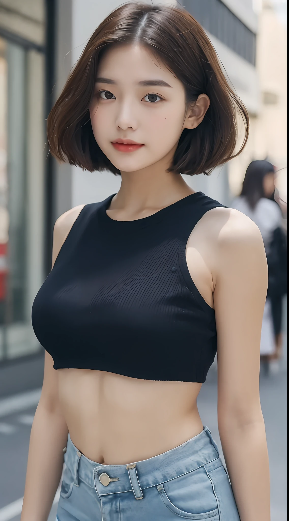 ((Best Quality, 8K, Masterpiece: 1.3)), (Flower Cap: 1.3), Focus: 1.2, Perfect Body Beauty: 1.4, (Layered Haircut: 1.2)), (Dark Street: 1.3), Highly Detailed Face and Skin Texture, Delicate Eyes, Double Eyelids, Whitened Skin, Long Hair, (Round Face: 1.5), (Loose Crop Top, Shorts: 1.6)