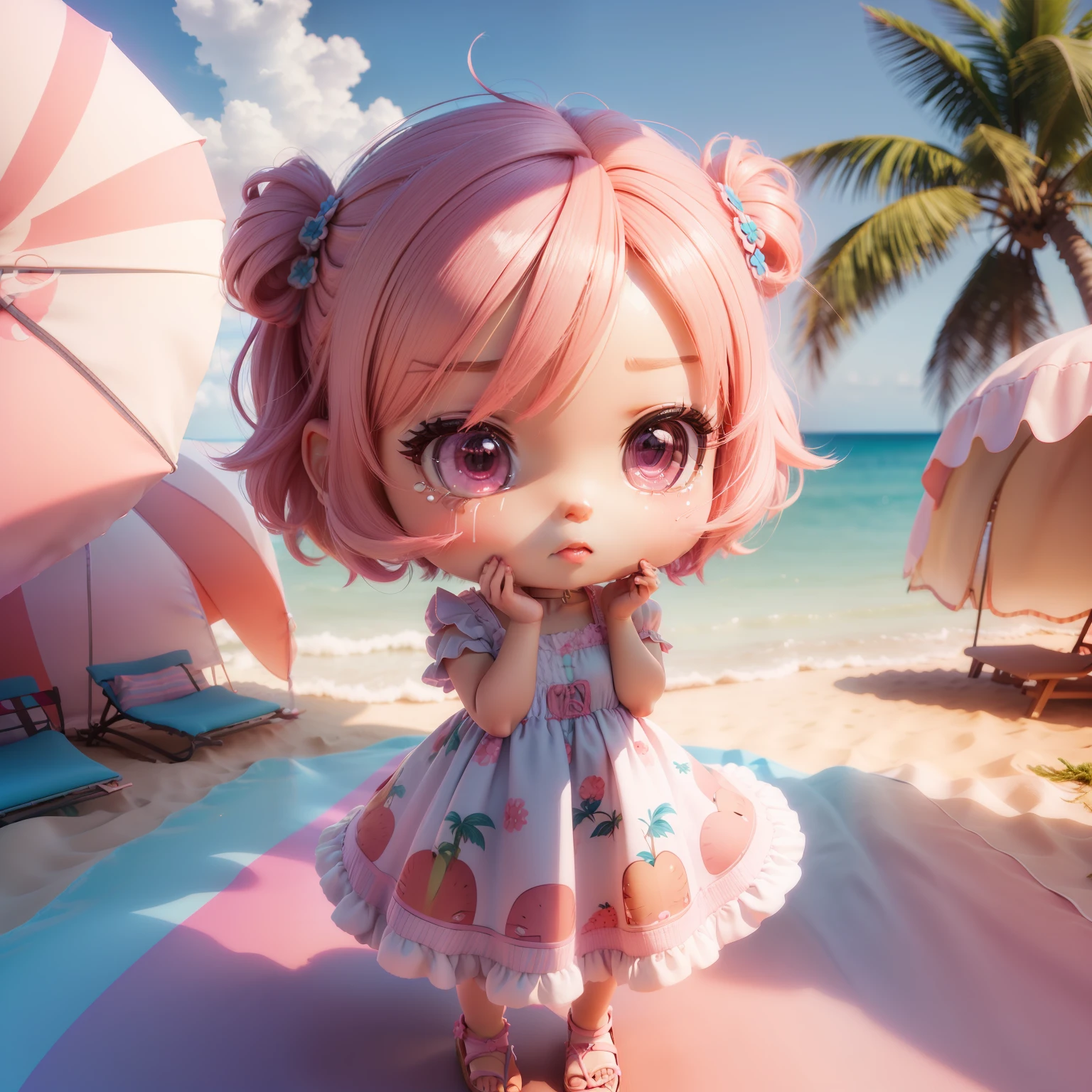 (((Chibi 3D)))Cute and beautiful chibi anime/Bob hairstyle mixed with pink and blue,Sundress with strawberry print print,Knitted sandals,Summer Beach,Palm trees.Crying hard,Tears flow,While holding your hands close to your face「Hello」and shout。