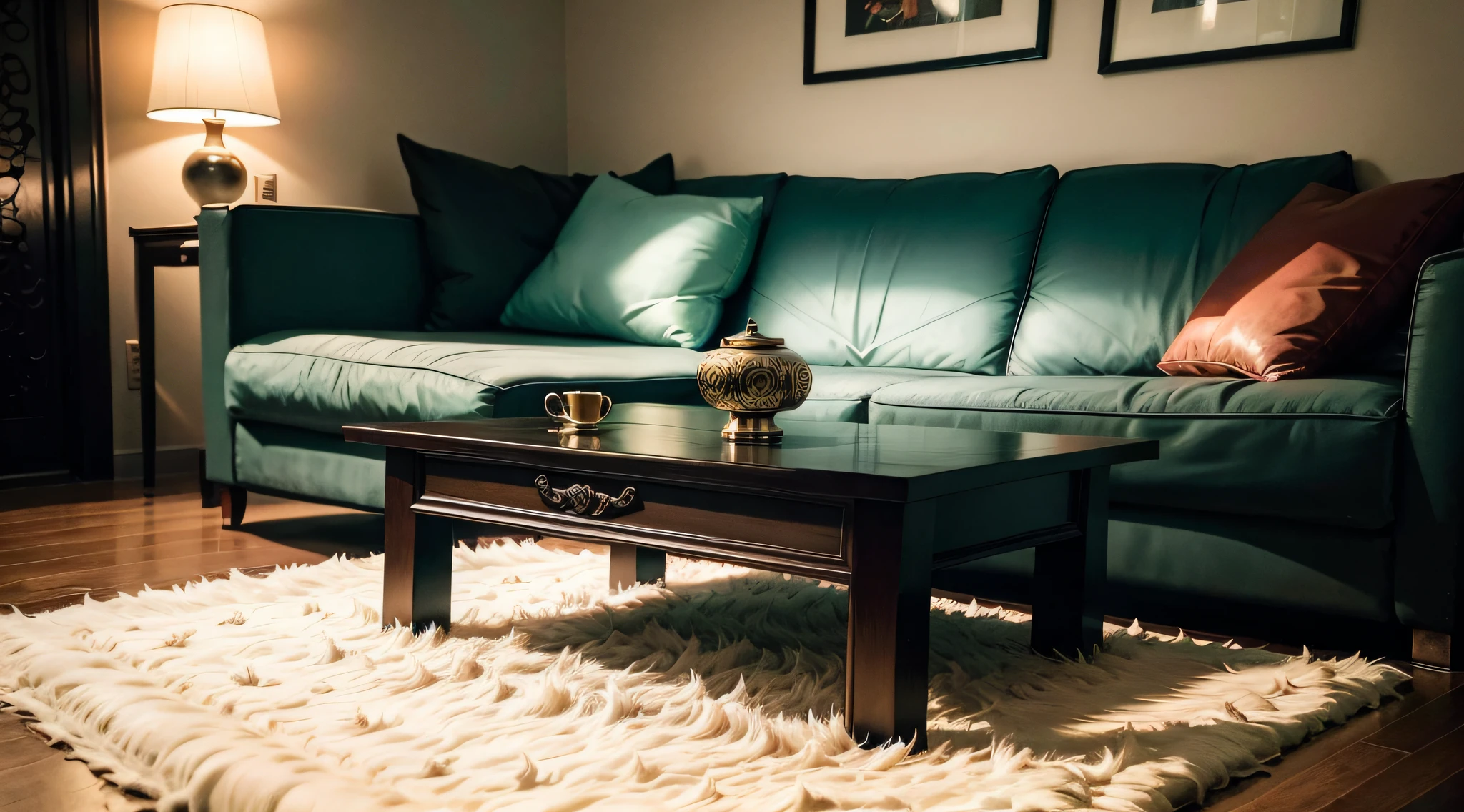 liveroom,There is a coffee table in front of the sofa,Decorative painting hanging on background wall,There is a plush carpet on the floor,Close-up,Wong Kar-wai film style,