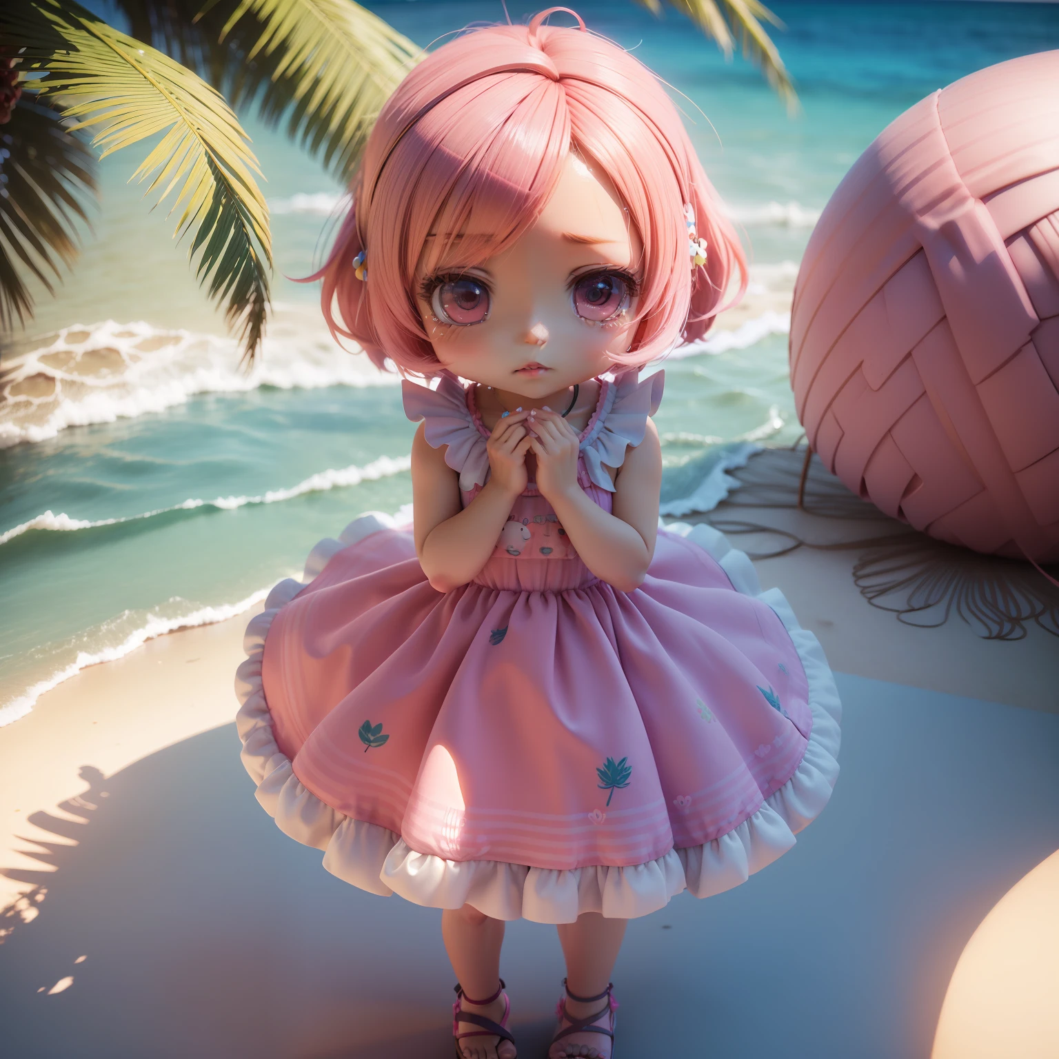 (((Chibi 3D)))Cute and beautiful chibi anime/Bob hairstyle mixed with pink and blue,Sundress with strawberry print print,Knitted sandals,Summer Beach,Palm trees.Crying hard,Tears flow,While holding your hands close to your face「Hello」and shout。