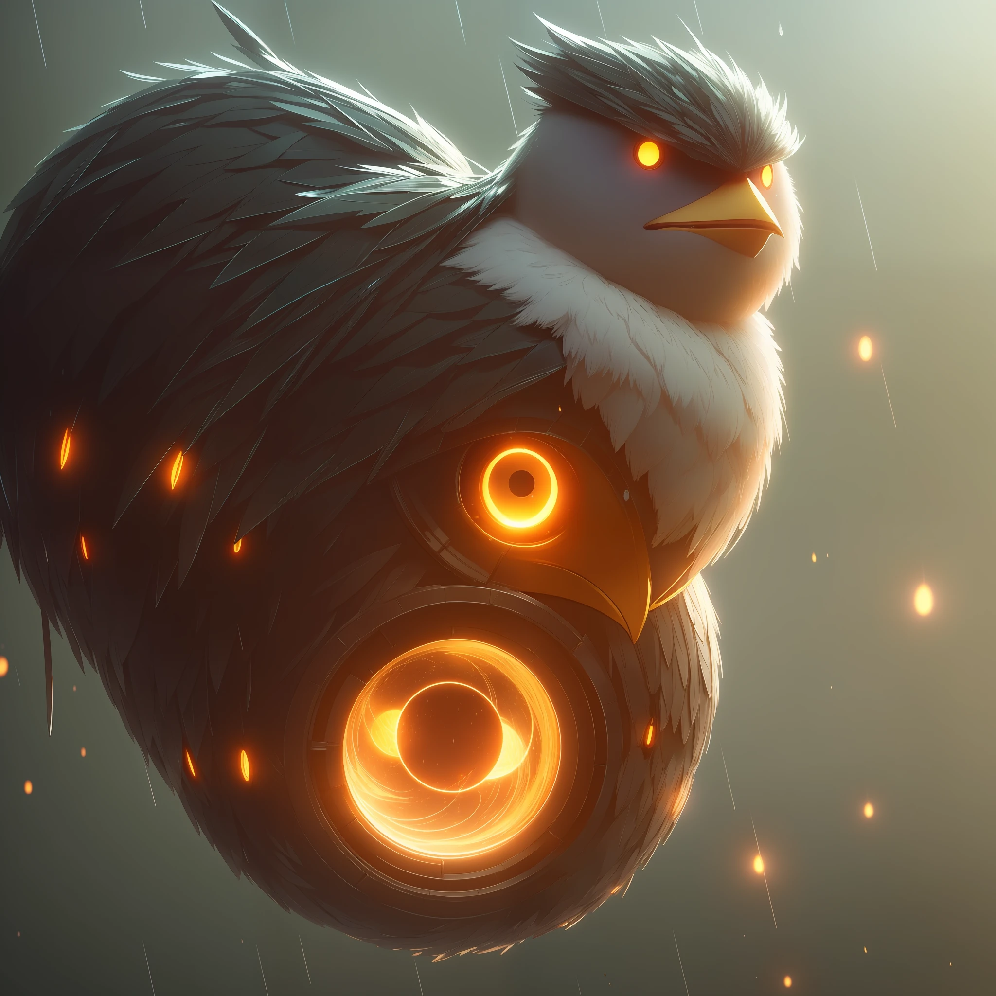 pltn style, Raining badly and lightning, midnight, 2 Irradiation glittering chubby Angry Birds on Sakura tree, soaked wet, rain droplets dripping, grumpy, fluffy feather, yellow beak, big reflective eyes, ruined cherry blossom , moss, long vine, concept art, intricate detail, translucent, desaturated dull color, subdued lighting with rim lighting, perfect eyes, by Greg Rutkowski, Artgerm, trending on Artstation, floating glowing particles, emitting diodes,, cute big circular reflective eyes, Pixar render, unreal engine cinematic smooth, intricate detail --auto