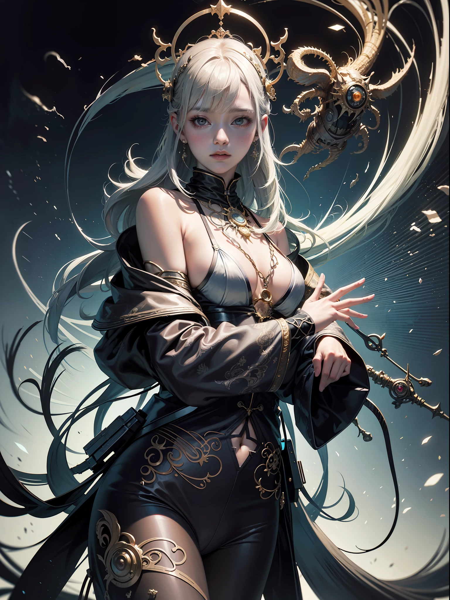 official art, unity 8k wallpaper, ultra detailed, beautiful and aesthetic, masterpiece, best quality, (zentangle, mandala, tangle, entangle), (fractal art:1.3) , 1girl, extremely detailed, dynamic angle, cowboyshot, the most beautiful form of chaos, elegant, a brutalist designed, vivid colours, romanticism, by james jean, roby dwi antono, ross tran, francis bacon, michal mraz, adrian ghenie, petra cortright, gerhard richter, takato yamamoto, ashley wood, atmospheric, ecstasy of musical notes, streaming musical notes visible