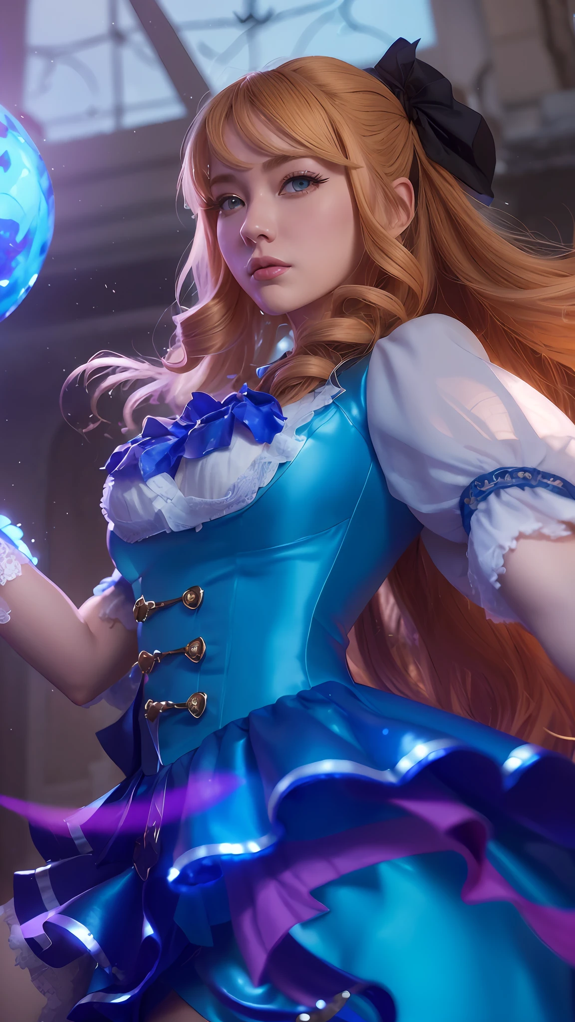 ((Best Quality, 4K, Masterpiece: 1.3)), (Detailed: 1.4), Reality, 1Girl, a close up of a woman in a blue dress holding a blue orbs, seraphine ahri kda, orianna, extremely detailed artgerm, style artgerm, miss fortune league of legends, cushart krenz key art feminine, artgerm detailed, miss fortune, high detail, A woman with Blonde hair and blue dress, Big Breast, Huge Breast, Beauty smile, perfect smile, perfecteyes, 4K, HD, Ultra Realistic, extremely detailed, tfft