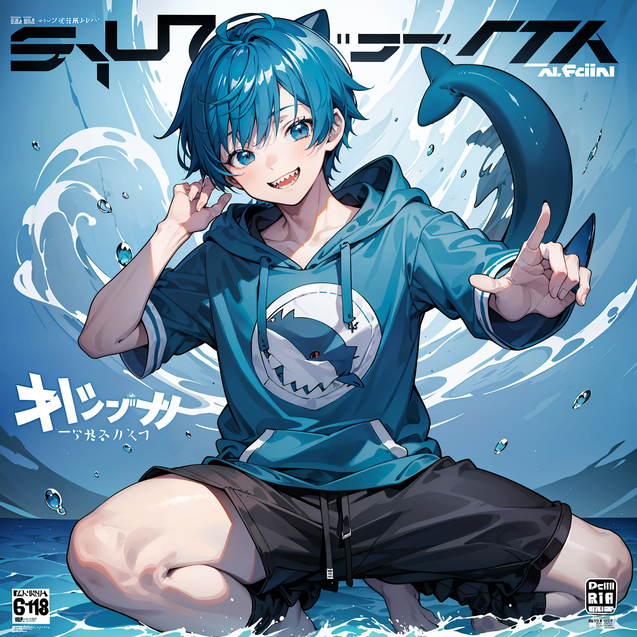masterpiece, best quality, full body, (1boy), (Wearing a blue shark tail hoodie), (boy smiling sharp teeth), (Boy Messy Japanese Round Haircut for Thick Hair), (blue hair), black shorts, ((solo)), (magazine:1.3), (cover-style:1.3), fashionable, ocean,