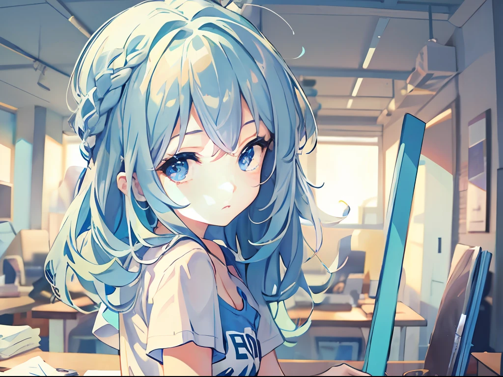 A 5 year old girl(blue hair,long whitr hair,Wear a white T-shirt,smallunderboob,Blue-eyed,Sit in the study,Facial expression expectation),closeup cleavage