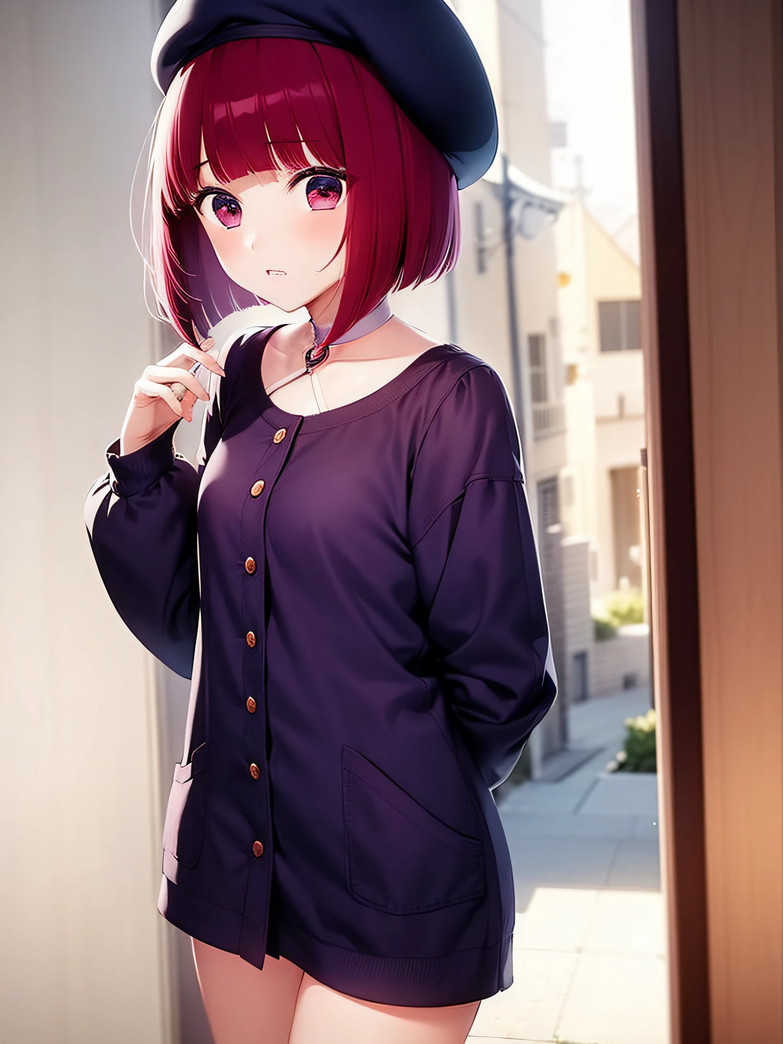 1 girl, graduation bob, straight short hair,  mediumvioletred hair, mediumvioletred eyes, big droopy eyes, small beret, selfish, kindergarten, see-through