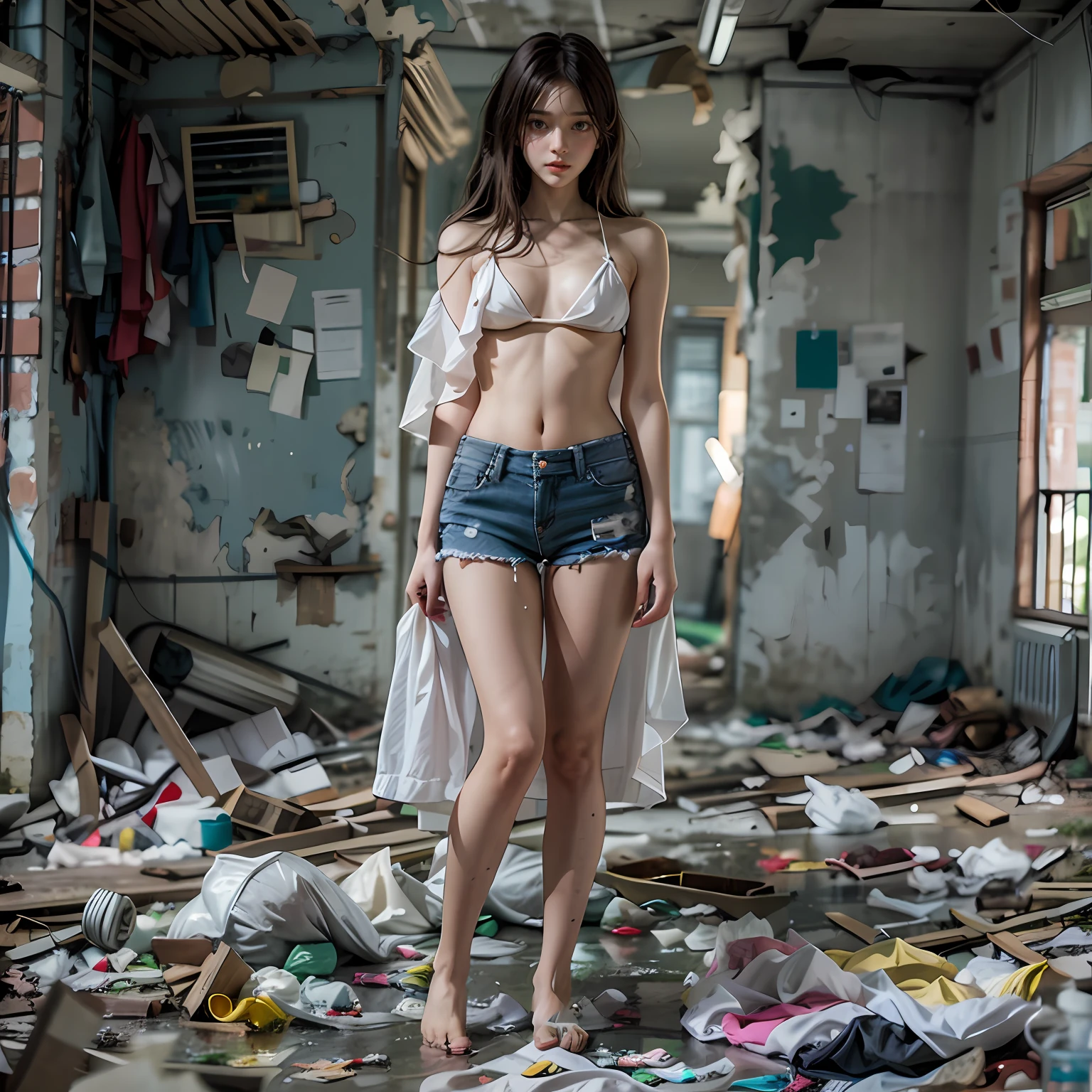 Abandoned schools,Sexy standing pose,White transparent bikini,Exposing the genitals ,Garbage all over the ground,Dilapidated,Devastated,best qualtiy,full-body portraits(1:1),18 years old girls,lean and slender body,Skinny,Smaller bust,The barefoot,Leaky ,Leakage of all breasts,Naked all over the body