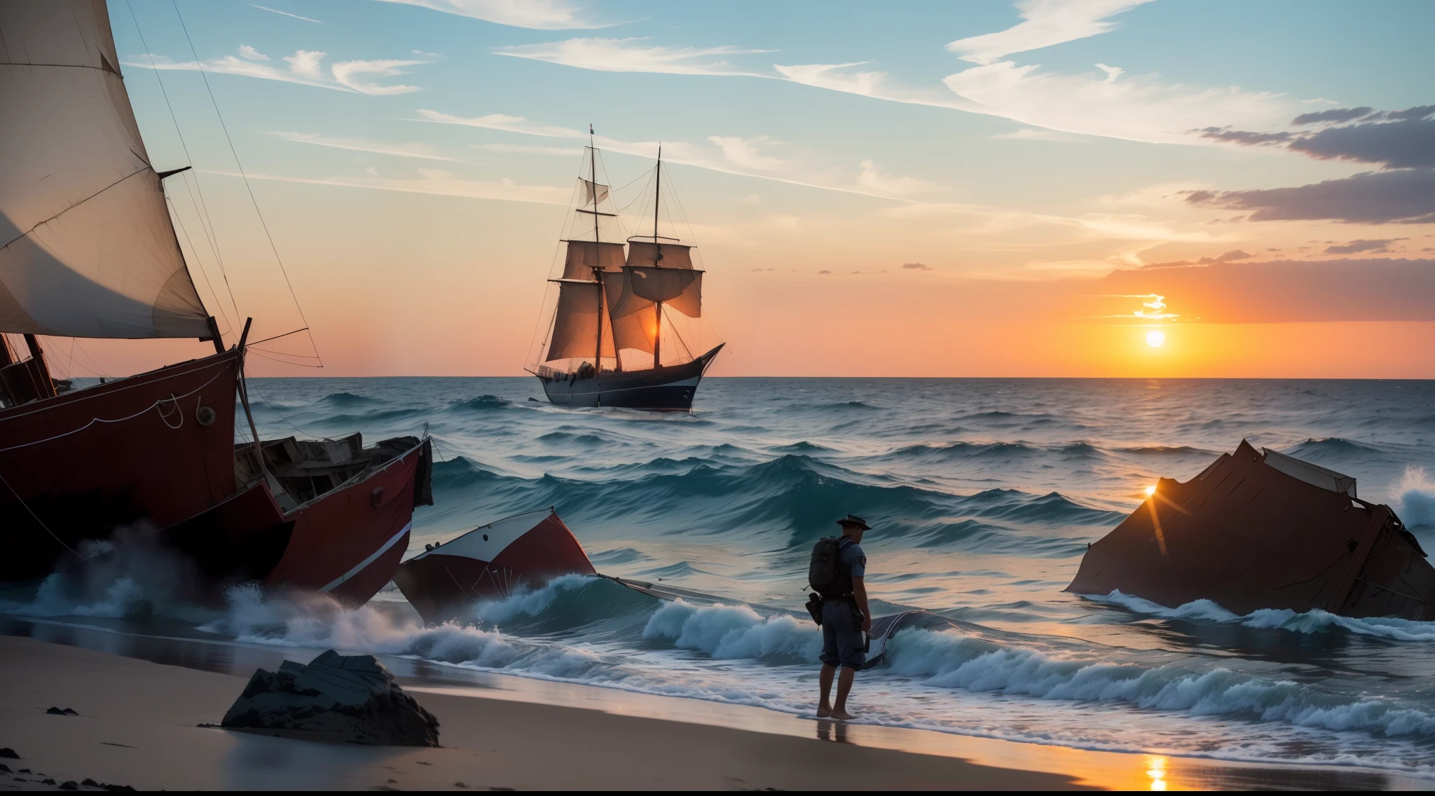 Sundown. ocean. A wounded lone sailor with a flag sits on a rock. 19th century. Near the wreckage of the ship. Torn sails, Holes in the hull, cracks. (beste-Qualit, 8K, tmasterpiece:1.3)
