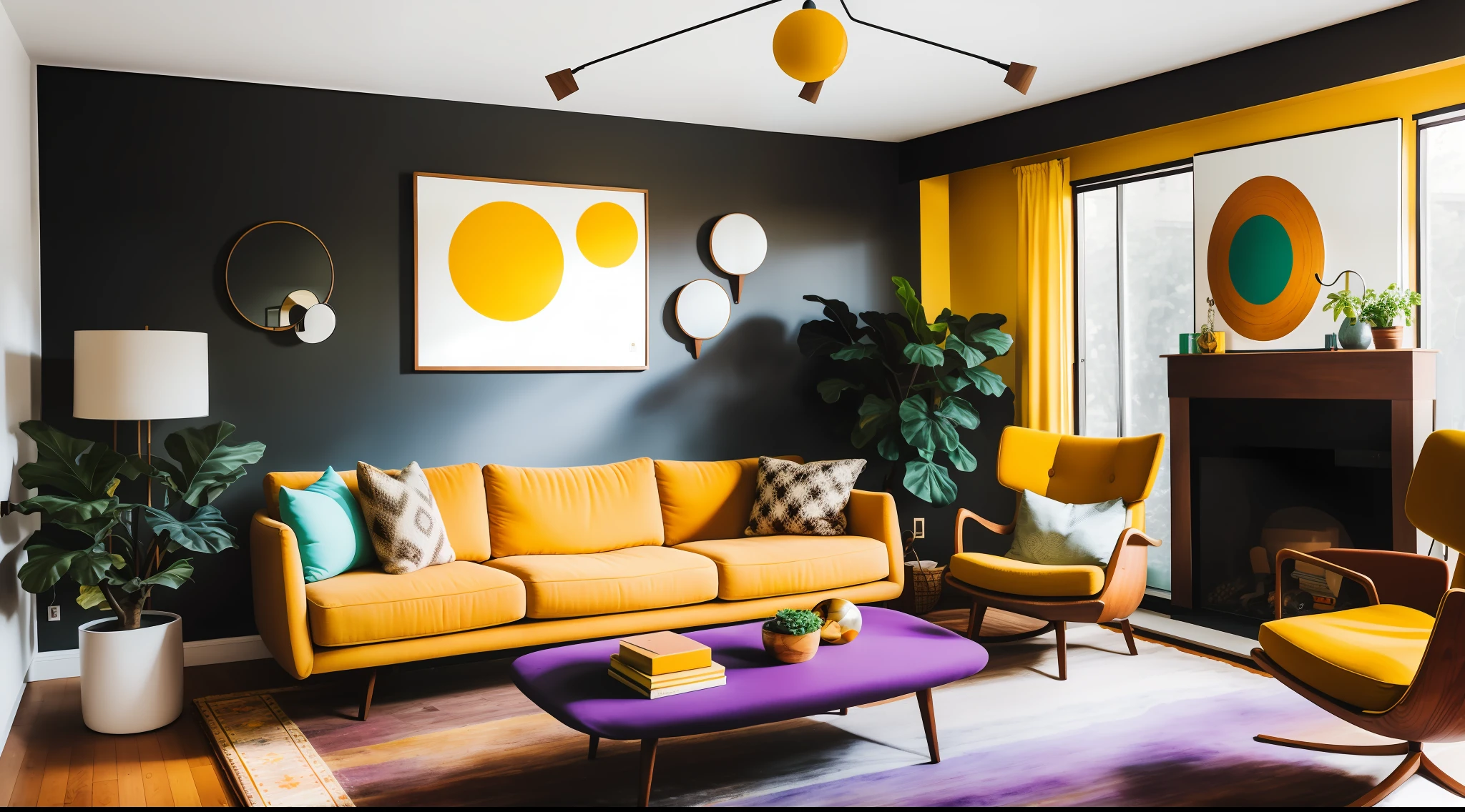 Mid-century modern living room, Dark wood floors, Eggplant color wall, Arched floor lamp behind the sofa, Mustard yellow sofa and armchair, Patterned pillows, Geometric carpet under oval coffee table, Brick fireplace with wooden mantle, Bookshelves on both sides, A globe in the light, Large abstract painting on fireplace, Fiddle leaf fig plant in the corner.