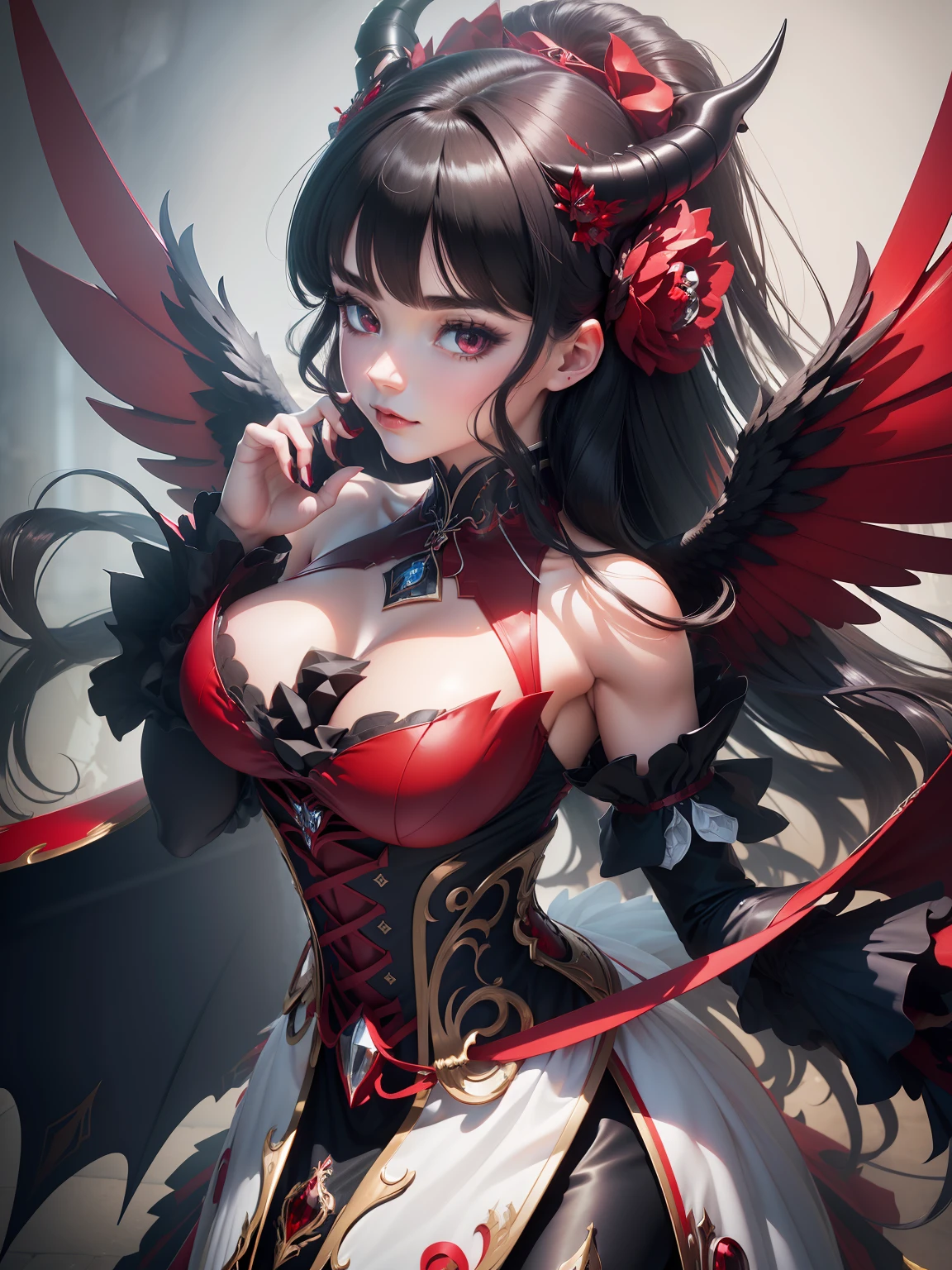 (((8k hoch detaillierte Details))), best possible quality, Meisterwerk, beautiful elegant demon angel with majestic wings and a stunning black and red dress, imposante Krone