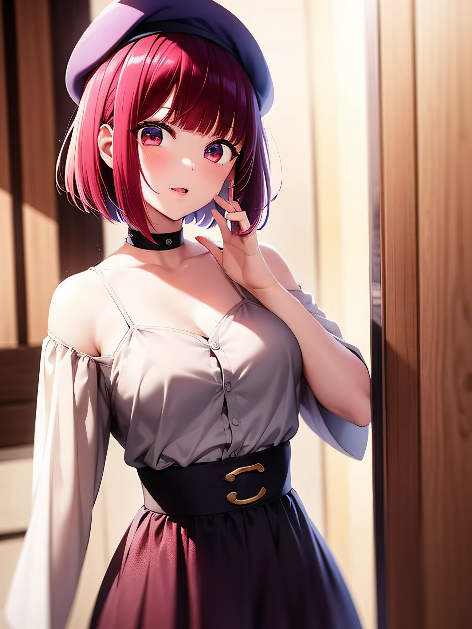 1 girl, graduation bob, straight short hair,  mediumvioletred hair, mediumvioletred eyes, big droopy eyes, small beret, selfish, kindergarten, see-through, sexually suggestive