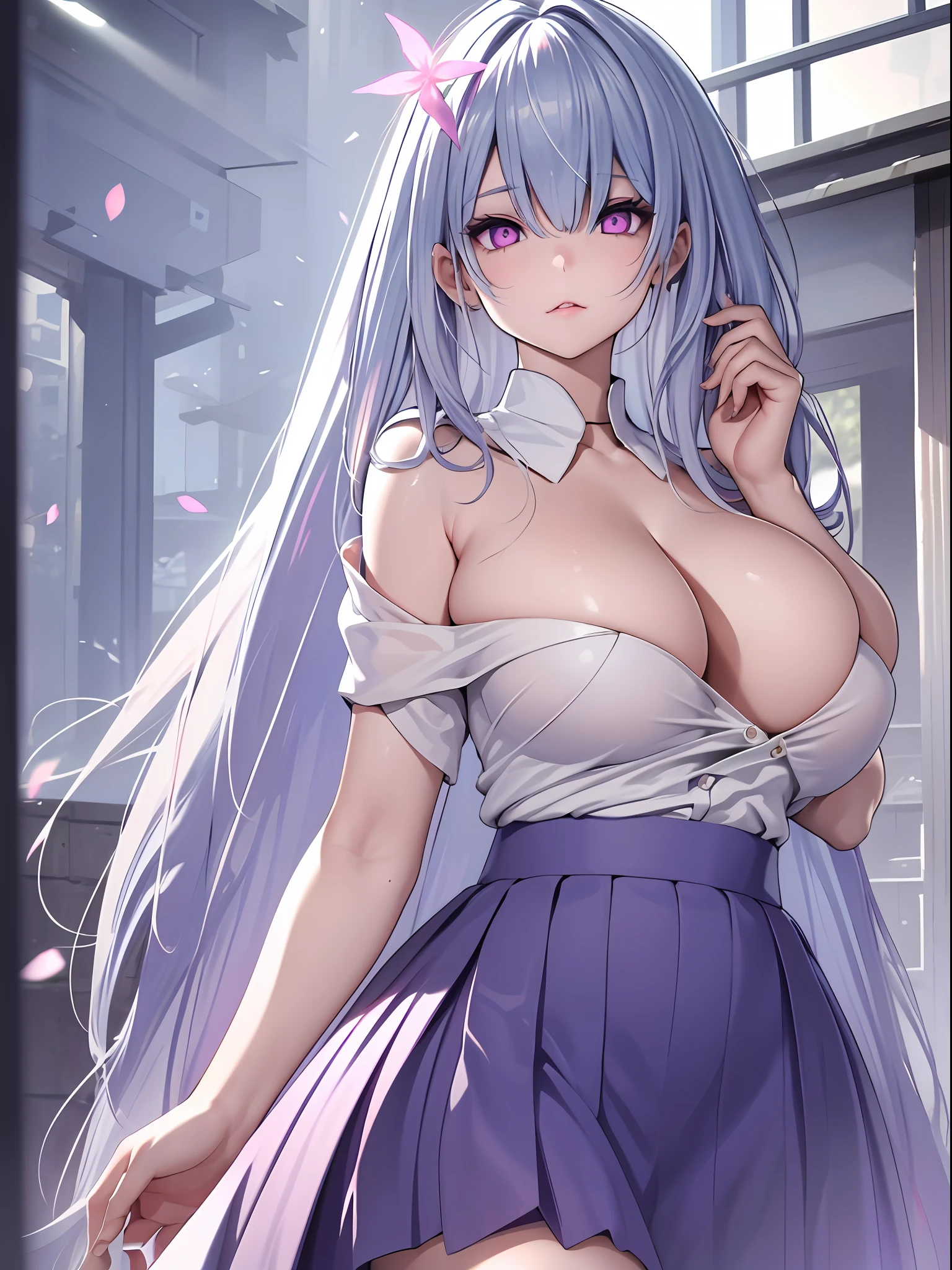 realisticlying，1girll，White hair，Purple eye，glowing light eyes，Cut the top，a skirt，parted lip，Be red in the face，the night，fresh flowers，suns，rays of sunshine，huge tit，Blush