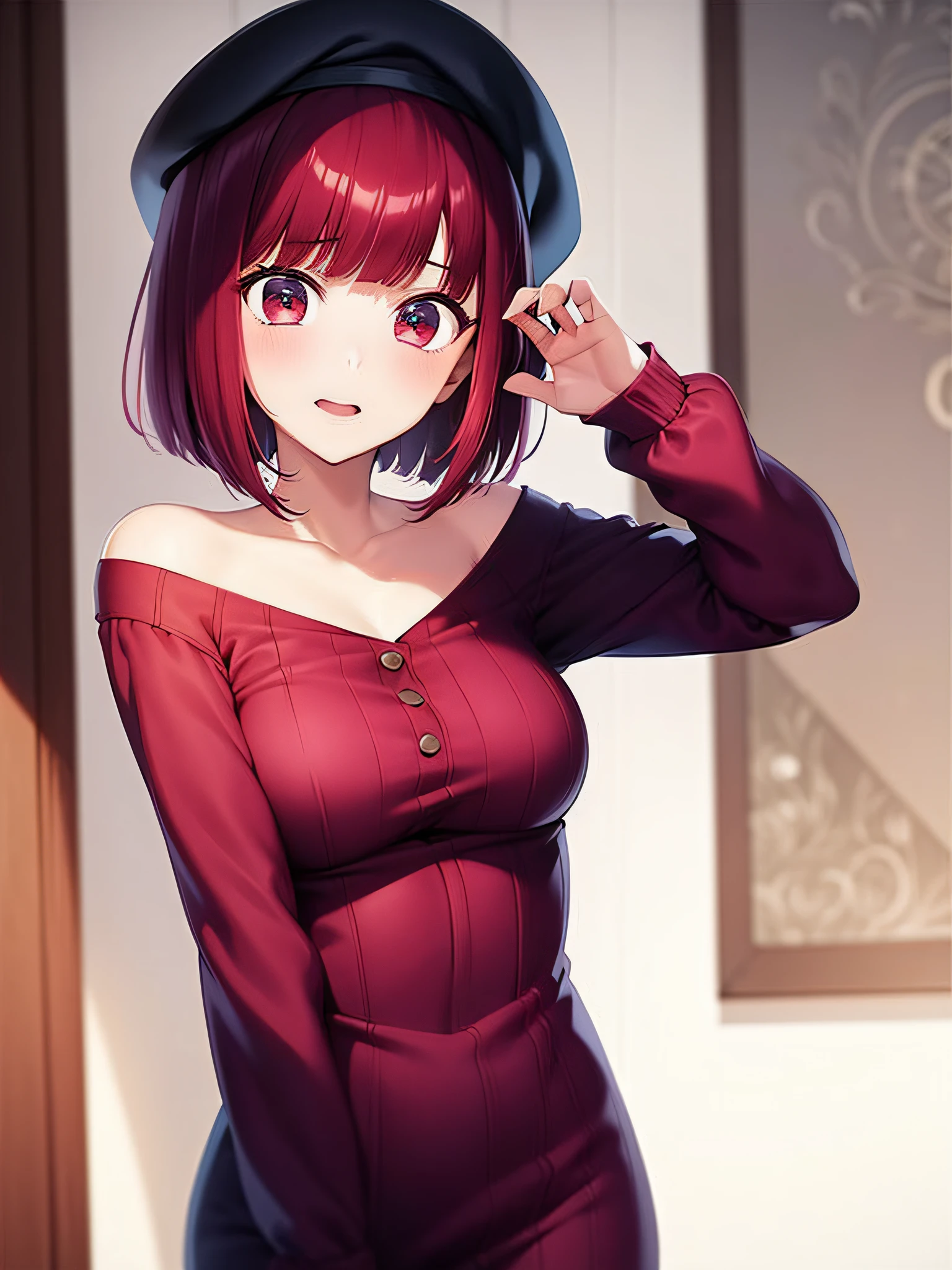 1 girl, graduation bob, straight short hair,  mediumvioletred hair, mediumvioletred eyes, big droopy eyes, small beret, selfish, see-through, sexually suggestive