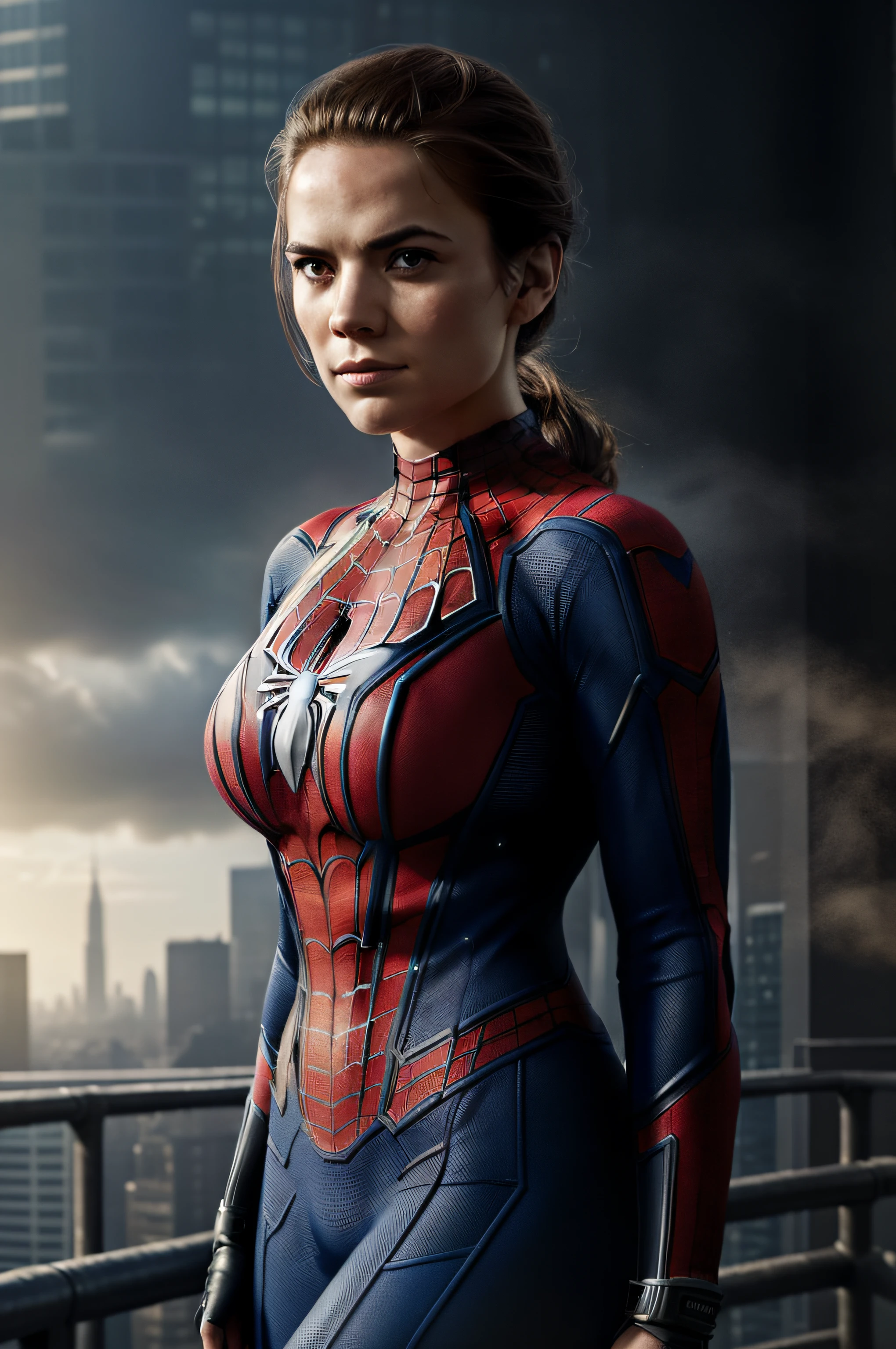 (1girl:1.3), solo, very detailed eyes and face and body, official art, unified 8k wallpaper, super detailed, beautiful and beautiful, beautiful, masterpiece, best quality, original, masterpiece, super fine photo, best quality, super high resolution, realistic realism, sunlight, full body portrait, amazing beauty, dynamic pose, delicate face, small breasts, vibrant eyes, (from the front), she is wearing a Spider-Man suit, red and blue color scheme, spider, very detailed city roof background, rooftop, overlooking the city, detailed face, detailed complex busy background, messy, gorgeous, milky white, highly detailed skin, realistic skin details, visible pores, clear focus, volumetric fog, 8k uhd, DSLR, high quality, film grain, fair skin, photo realism, lomography, futuristic dystopian giant metropolis, translucent