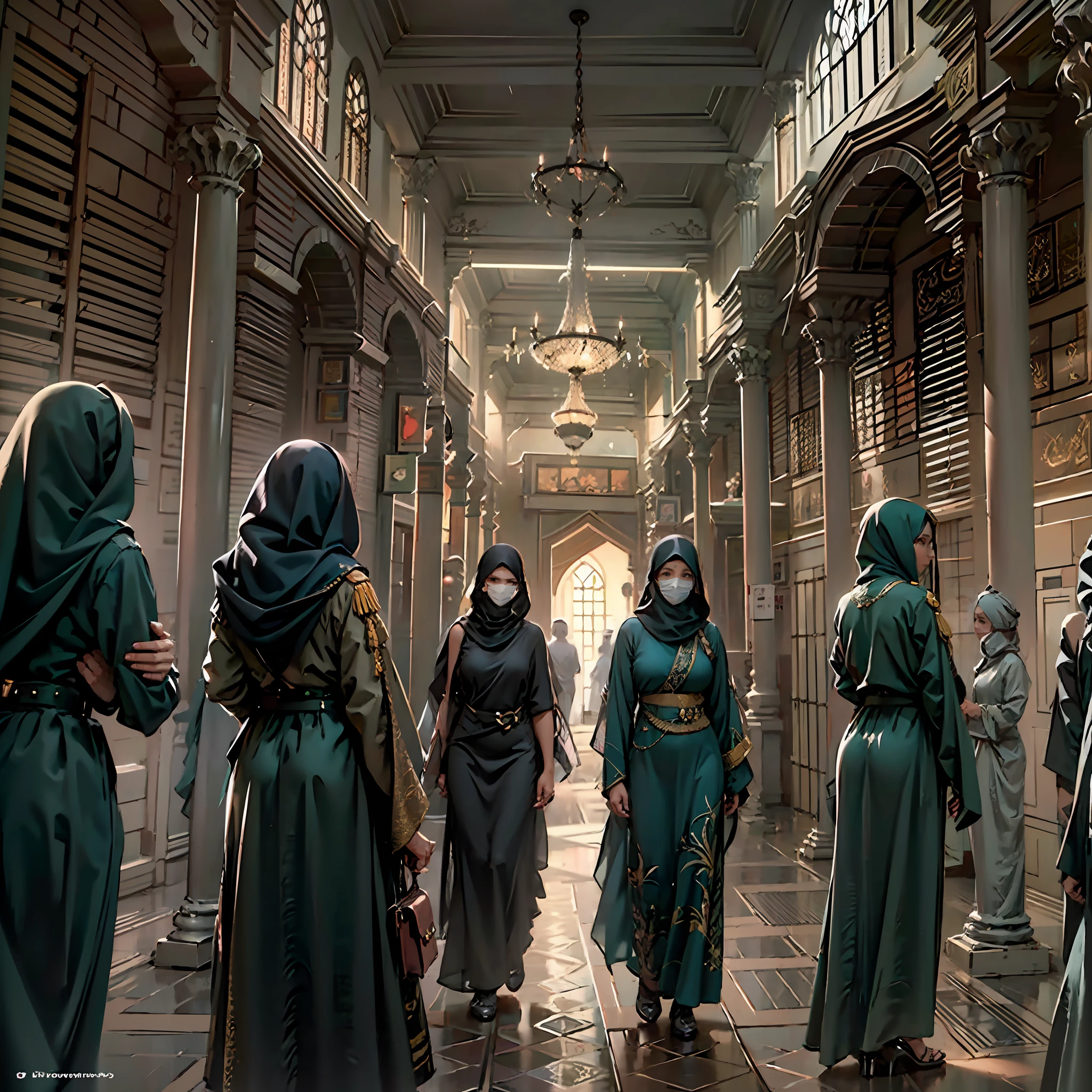 in a panoramic view,photorealestic,8K,Arabic style,Inside the Arabian luxury prison,Luxurious décor,Fabric decoration, Three Arab women prisoners,Wear a traditional Arabian robber prison uniform,Arabic hijab,Arabian leather mask,handcuff,bound waist,anklet,Walk side by side in a luxurious prison,Fear in the eyes,A female prison guard wearing a luxurious Arabian burqa wind police uniform,Arabian luxury headscarf,Arab police masks,escort them on the sidelines,All masked,Perfectcomposition,professinal,Meistwick,commissioned,best qualtiy,color corrected,After fixation,Retouching,Improvement,Epic,Tone-mapping,the detail, highly detailed, digitial painting, art stations, Conceptual map of the long dam, Smoothness, Sharp focus, Beautiful illustration, photore, The light from the back window is backlighted, 动态照明, Mist, 复杂, cinematic grain, professinal, face to the viewer,(Beautiful m3d_woman, Perfect M3D_face,), Volumetriclighting, subsurfacescattering, Good highlights, Good shadows, cinematic ligh