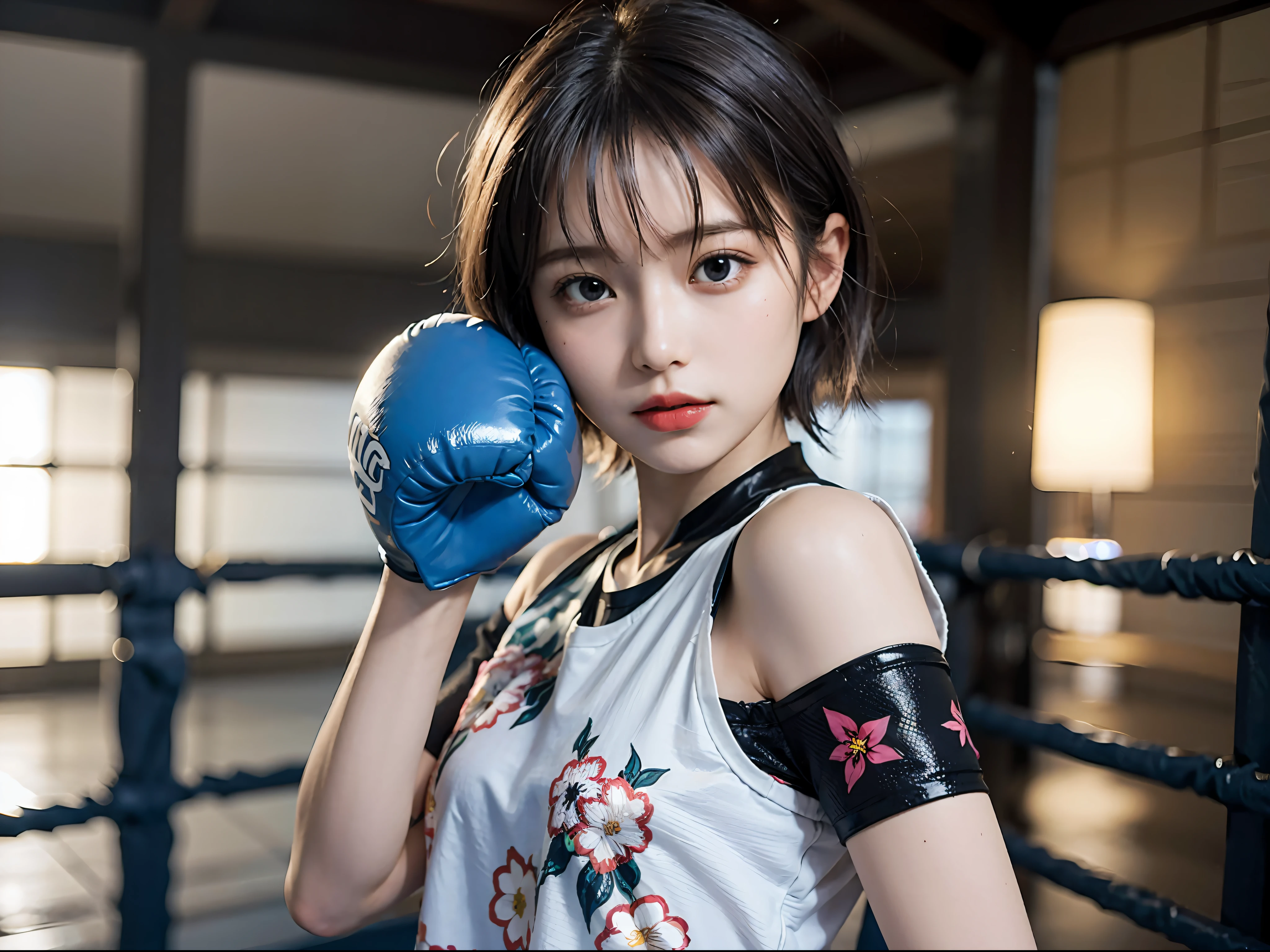 Best Quality, Very elaborate CG Unity 8K wallpapers, boxer, (Photorealsitic:2), 超A high resolution, Highly detailed, A hyper-realistic, 1girl in, (Boxing gloves), Floral pattern, colourfull_head_hair、(((very_short_head_hair))), Short hair, Full Shot, Looking at Viewer, ((Boxing rings)), Bright atmosphere, spot light, Detailed background