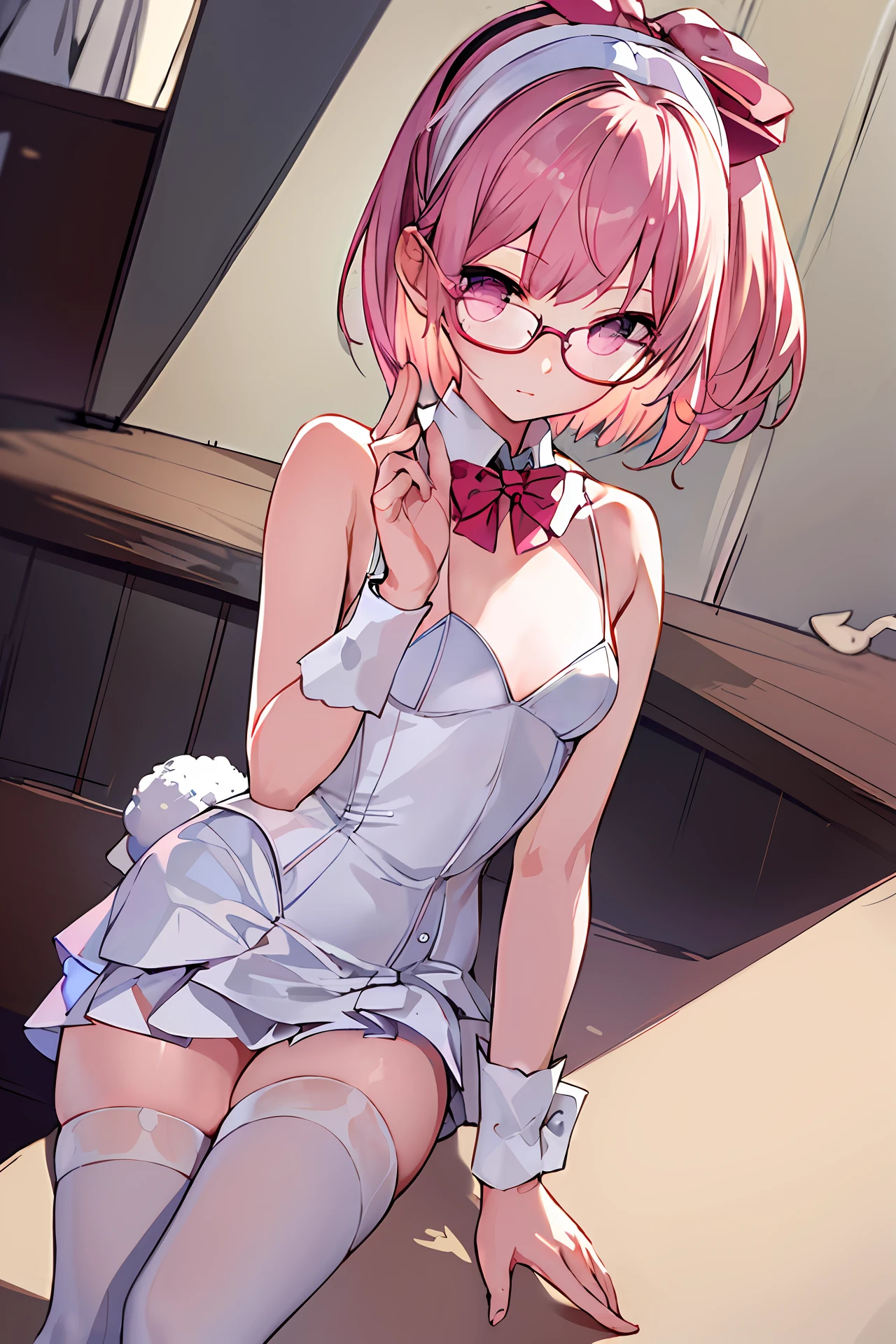 (masterpiece:1.5) (bestquality) (highlydetailed) (ultra-detailed) white (knee-length stockings) (bunny girl),short hair,Half updo,pink hair, silver eyes,hairband,glasses,hair_bow,cute girl,small breasts