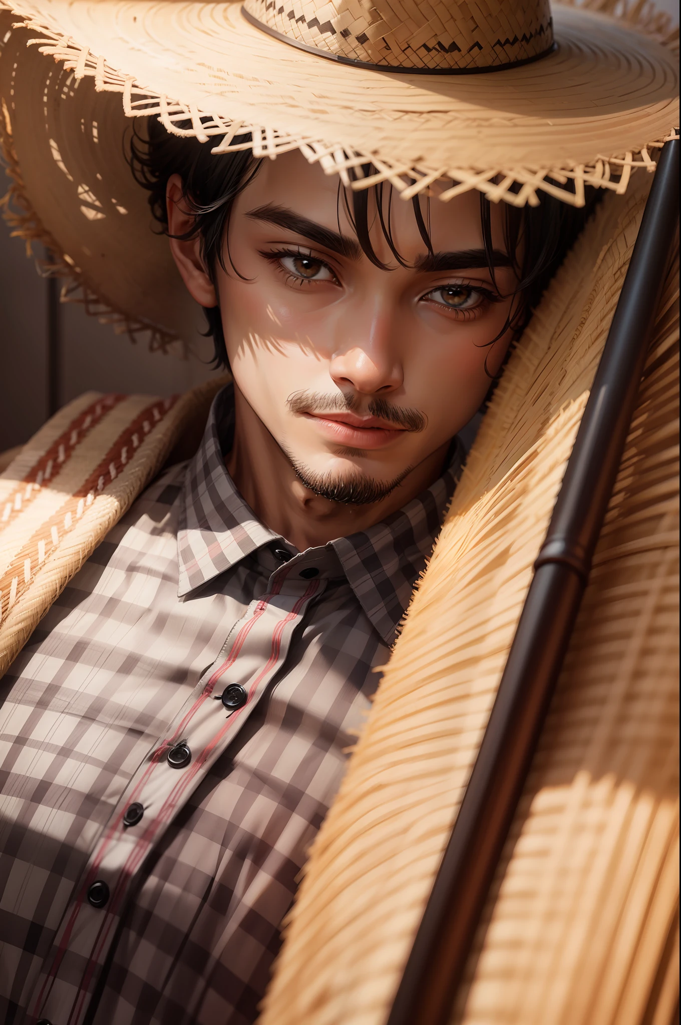 MAN STRAW HAT CHECKERED SHIRT INTERIOR BRUSH